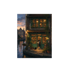 Amsterdam Canal Bookstore Twilight Wall Art Print