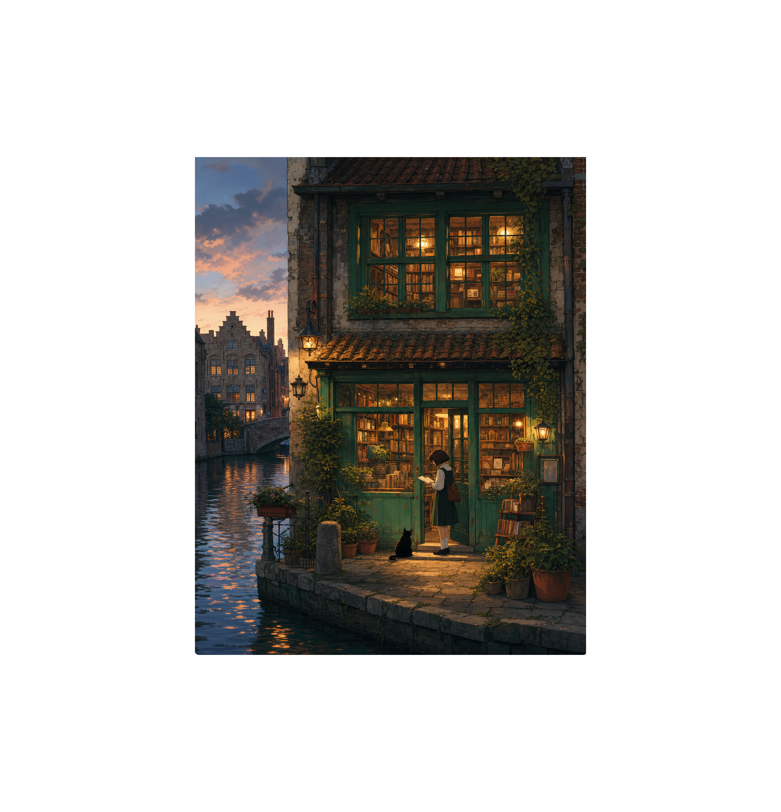 Amsterdam Canal Bookstore Twilight Wall Art Print