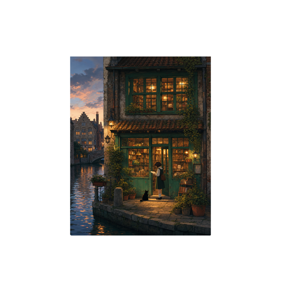 Amsterdam Canal Bookstore Twilight Wall Art Print