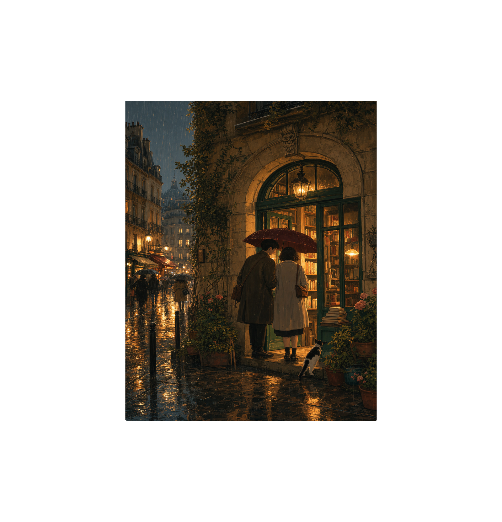 Paris Umbrella Bookstore Night Wall Art Print