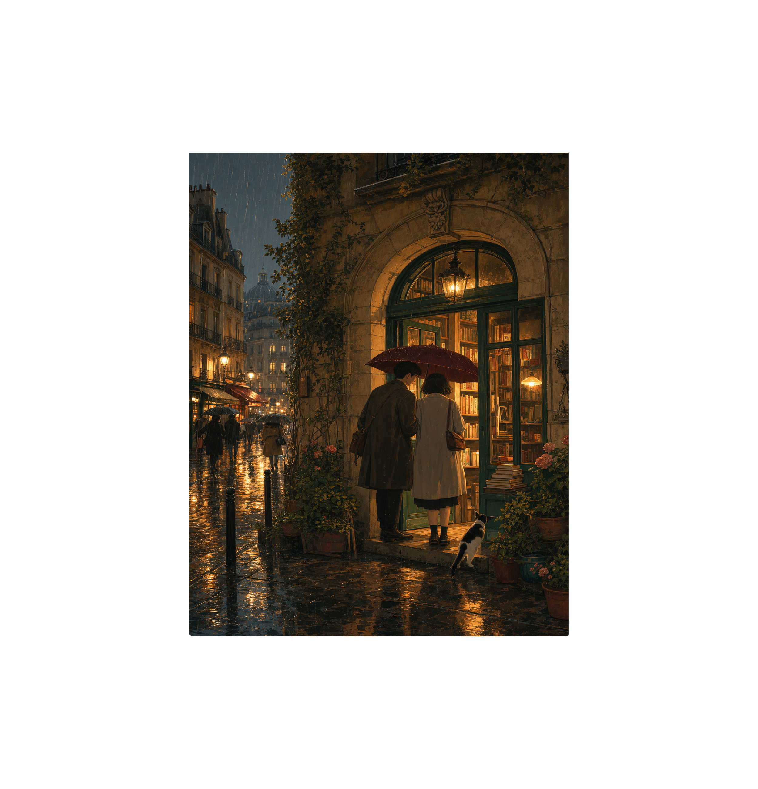 Paris Umbrella Bookstore Night Wall Art Print