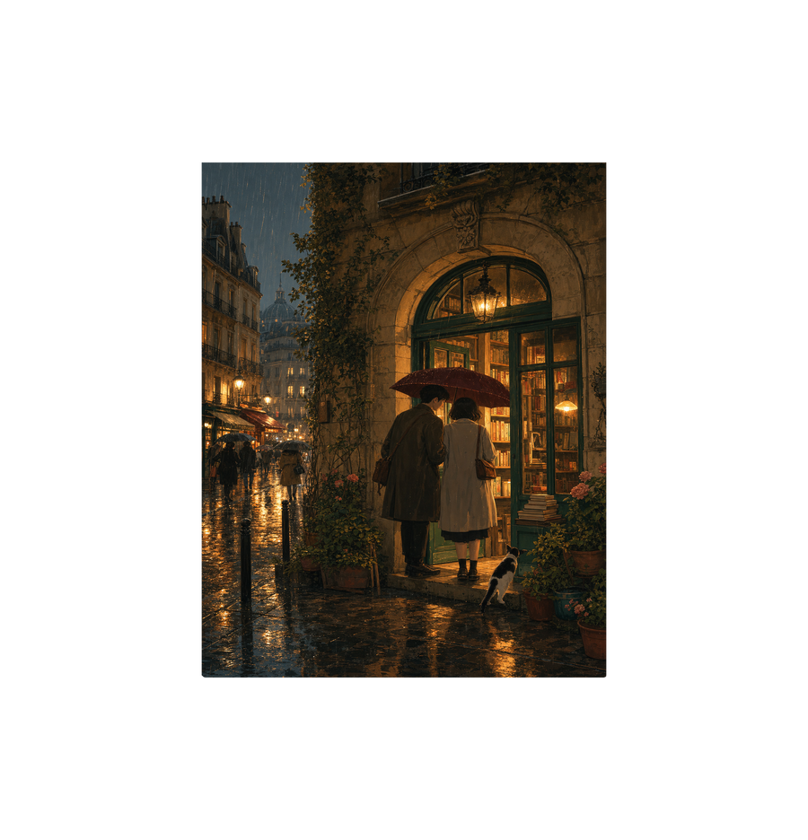 Paris Umbrella Bookstore Night Wall Art Print