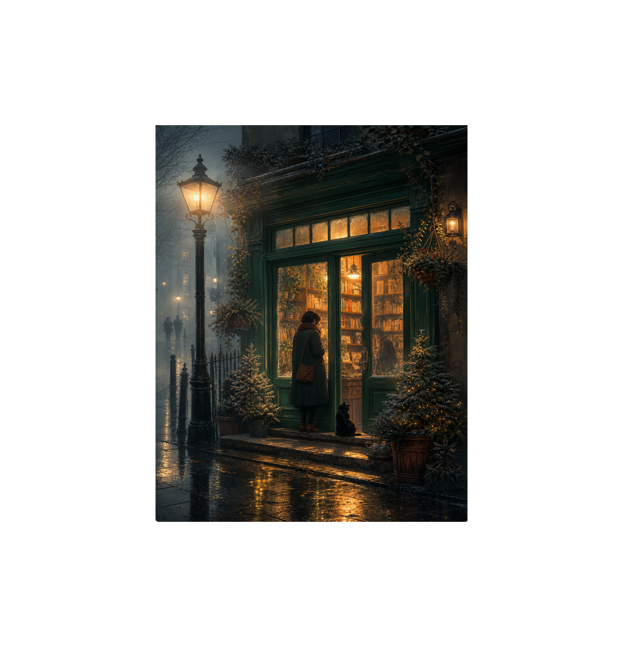 Edinburgh Lamp Post Bookstore Rain Wall Art Print