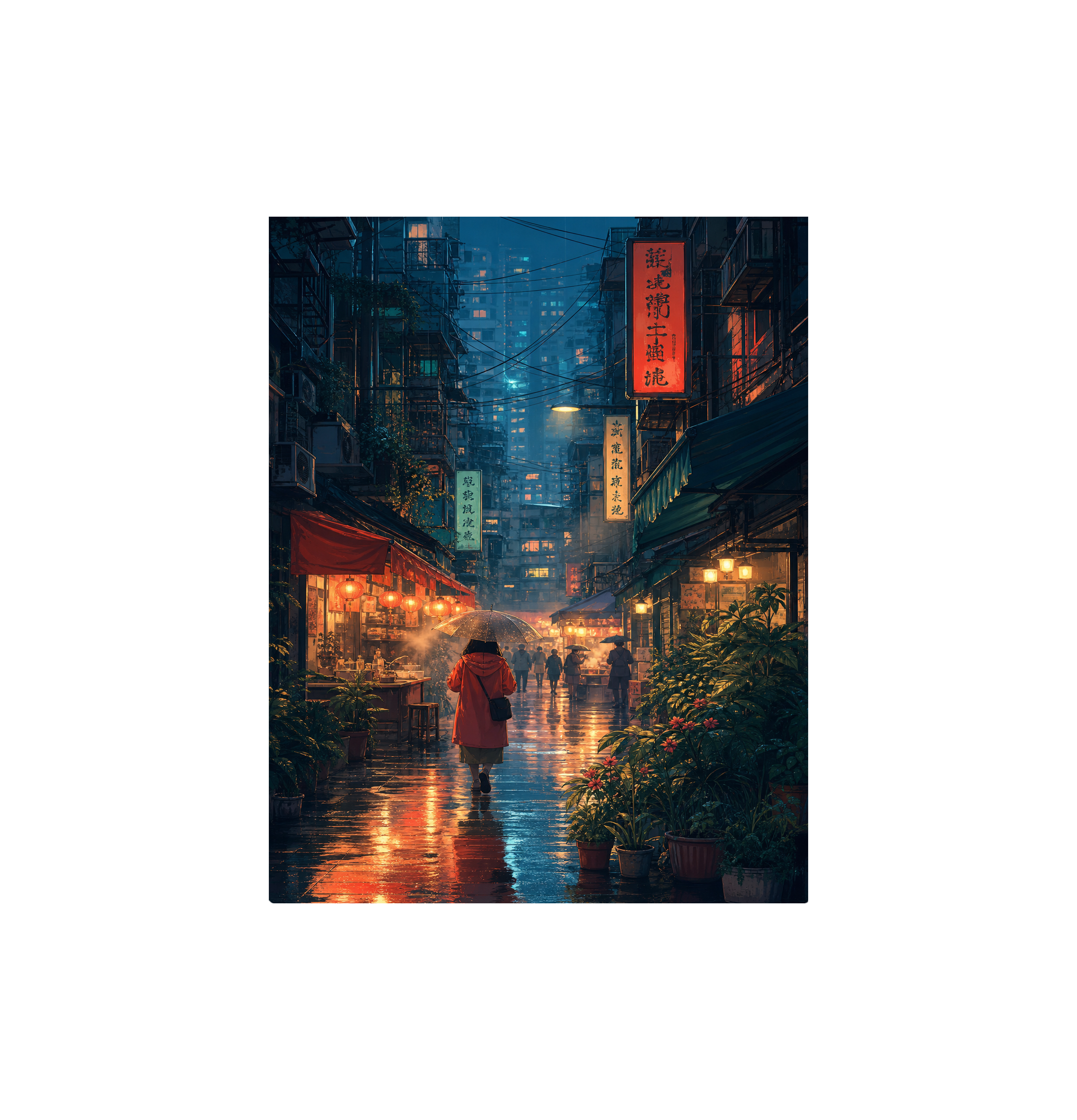 Mong Kok Red Coat Rain Alley Wall Art Print