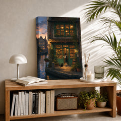 Amsterdam Canal Bookstore Twilight Wall Art Print