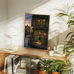 Amsterdam Canal Bookstore Twilight Wall Art Print