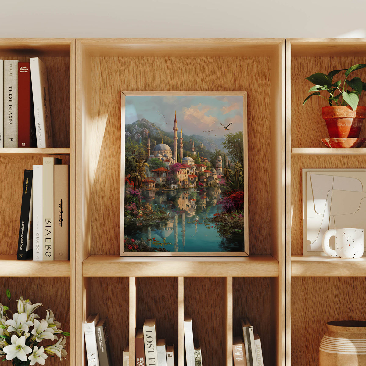 Bodrum Turkish Coastal Minaret Bird canvas wall art preview by Seji Art