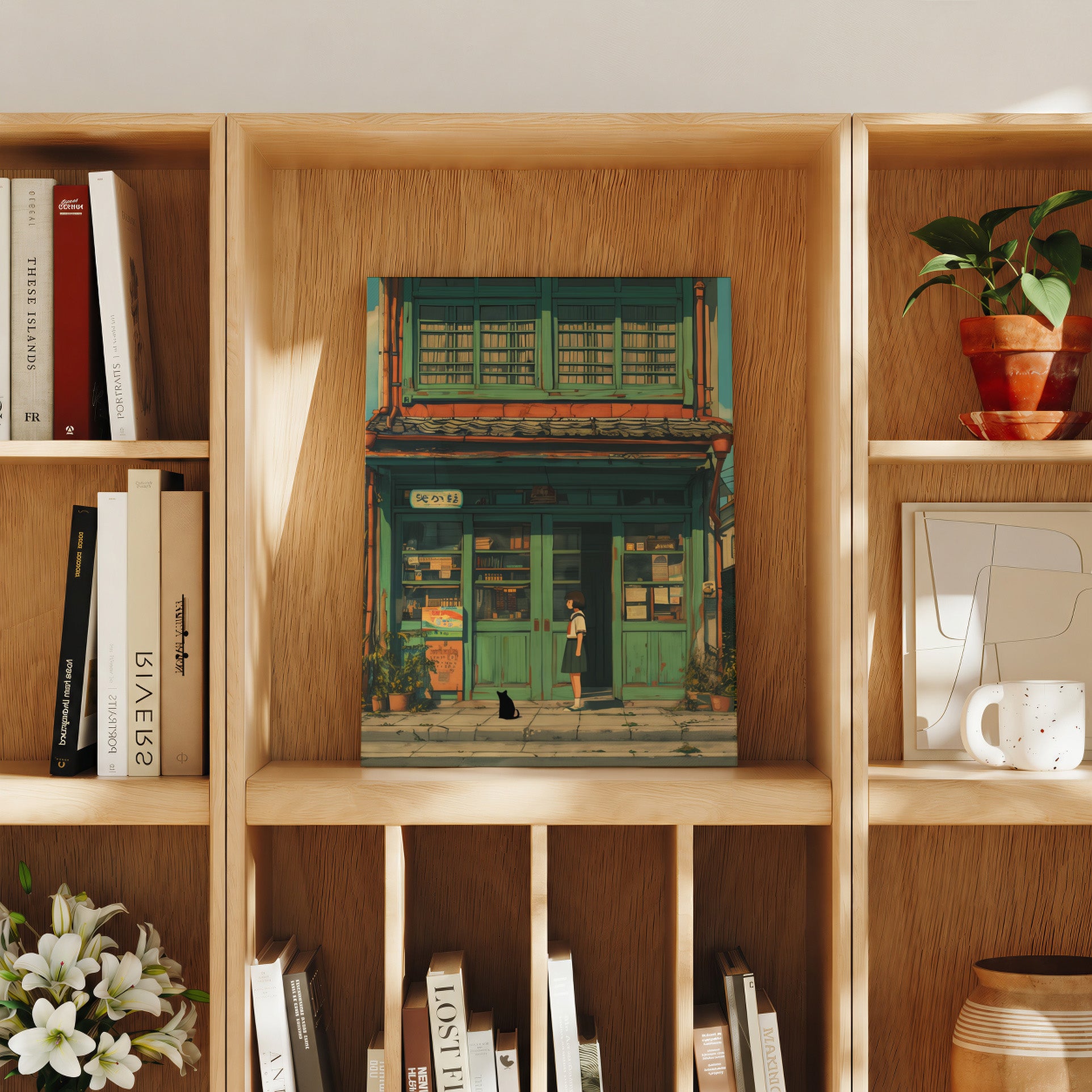Bruges Quiet Bookstore travel art print product preview by Seji Art