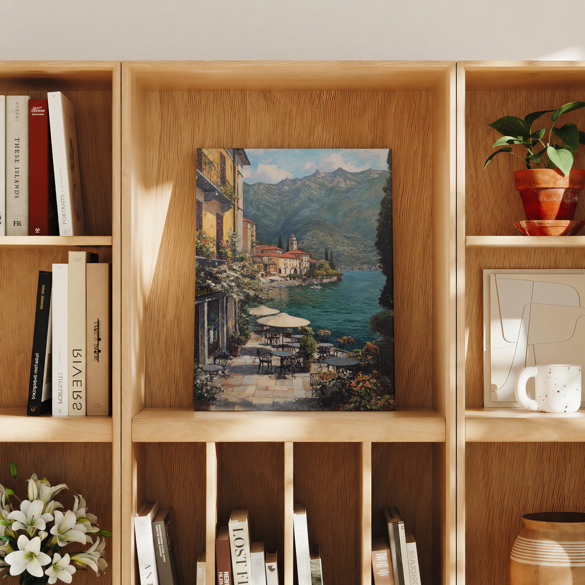 Lake Como Lakeside Cafe travel art print product preview by Seji Art