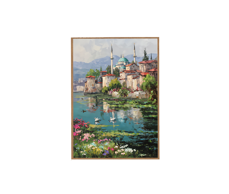 Iznik Lakeside Mosque Swans wall art print by Seji Art