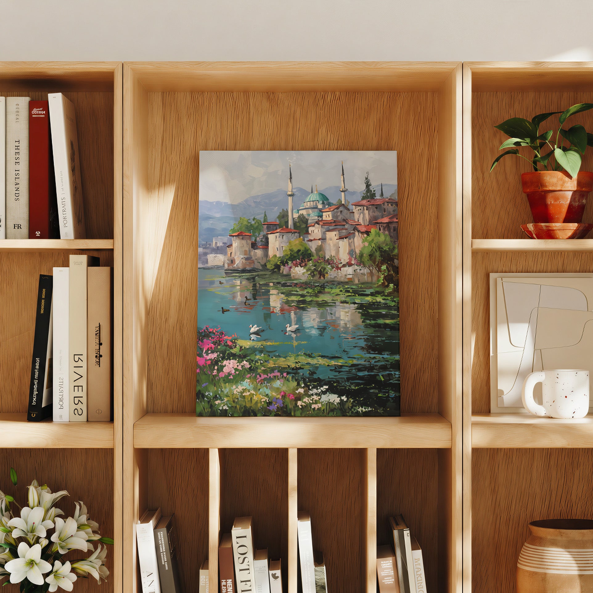 Iznik Lakeside Mosque Swans travel art print product preview by Seji Art