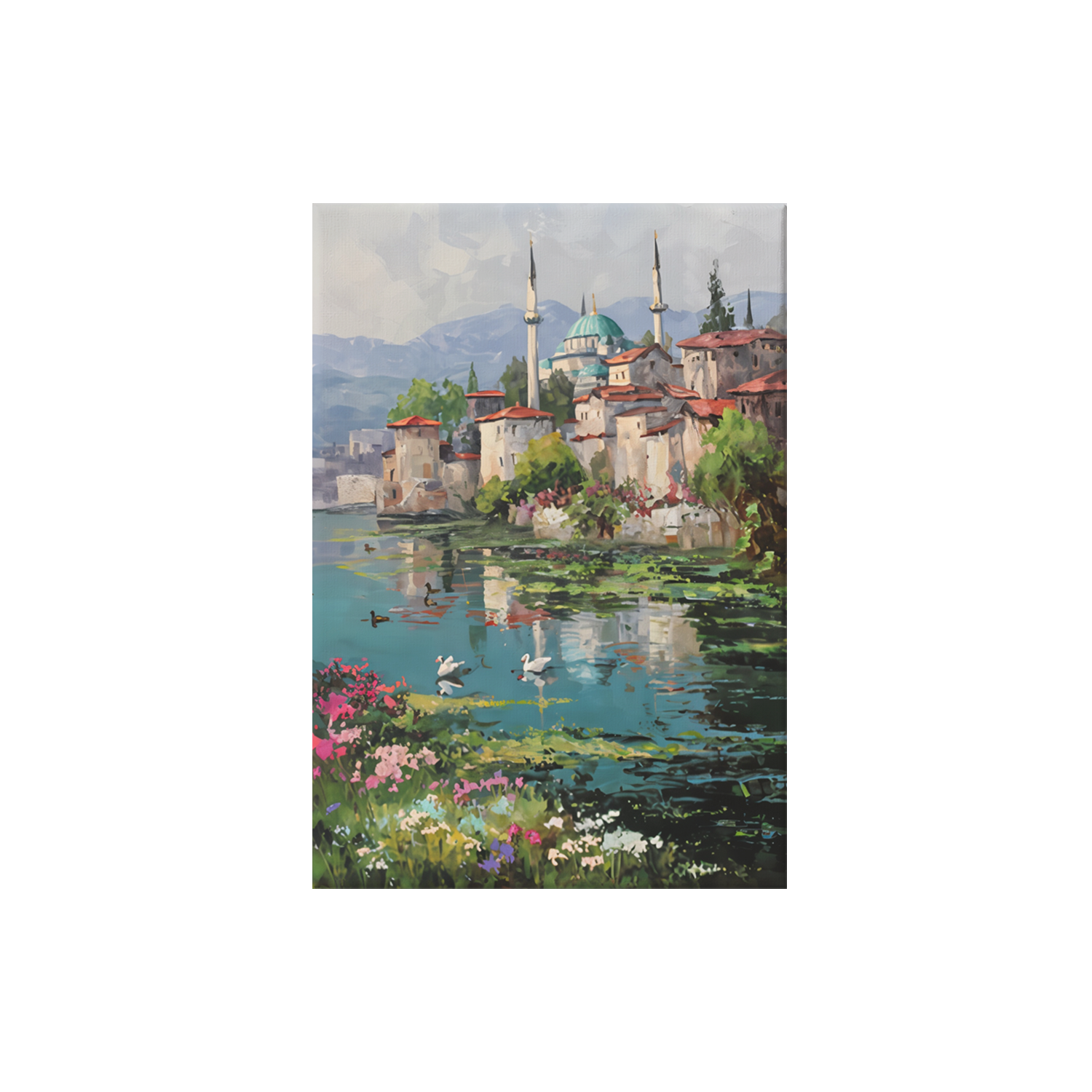 Iznik Lakeside Mosque Swans poster print preview by Seji Art