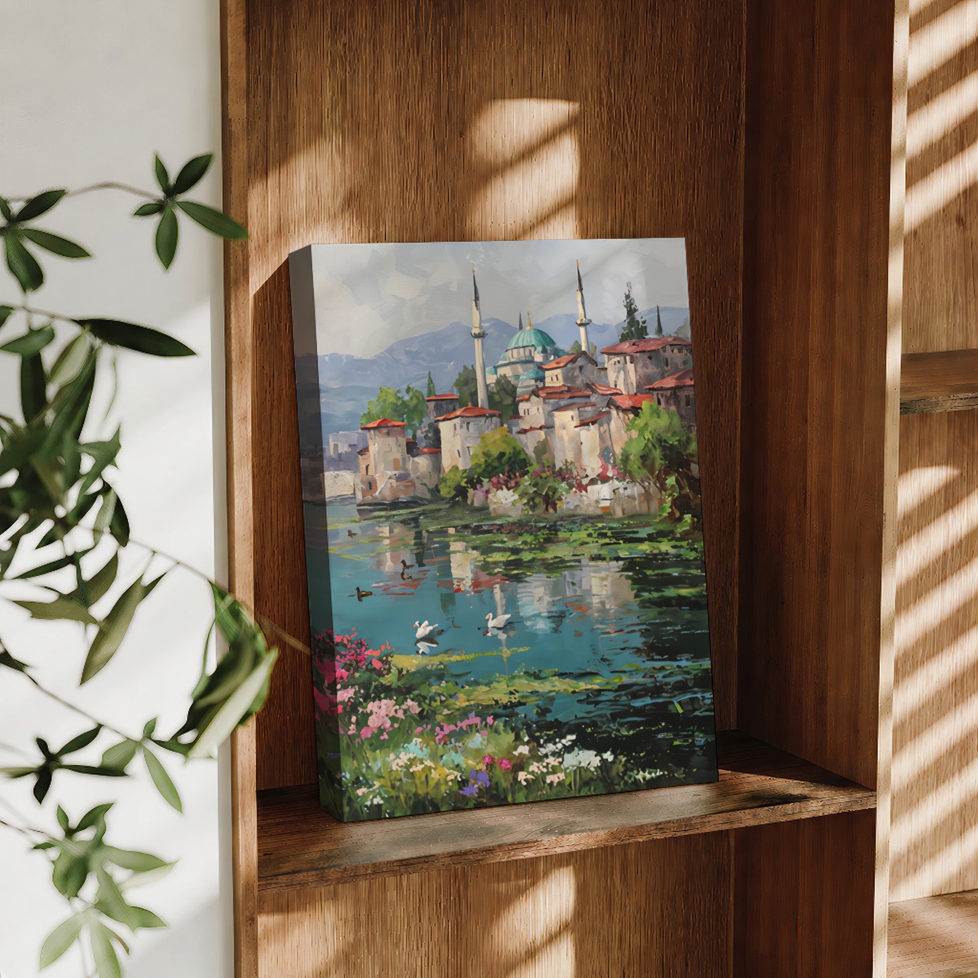 Iznik Lakeside Mosque Swans large format wall art preview by Seji Art