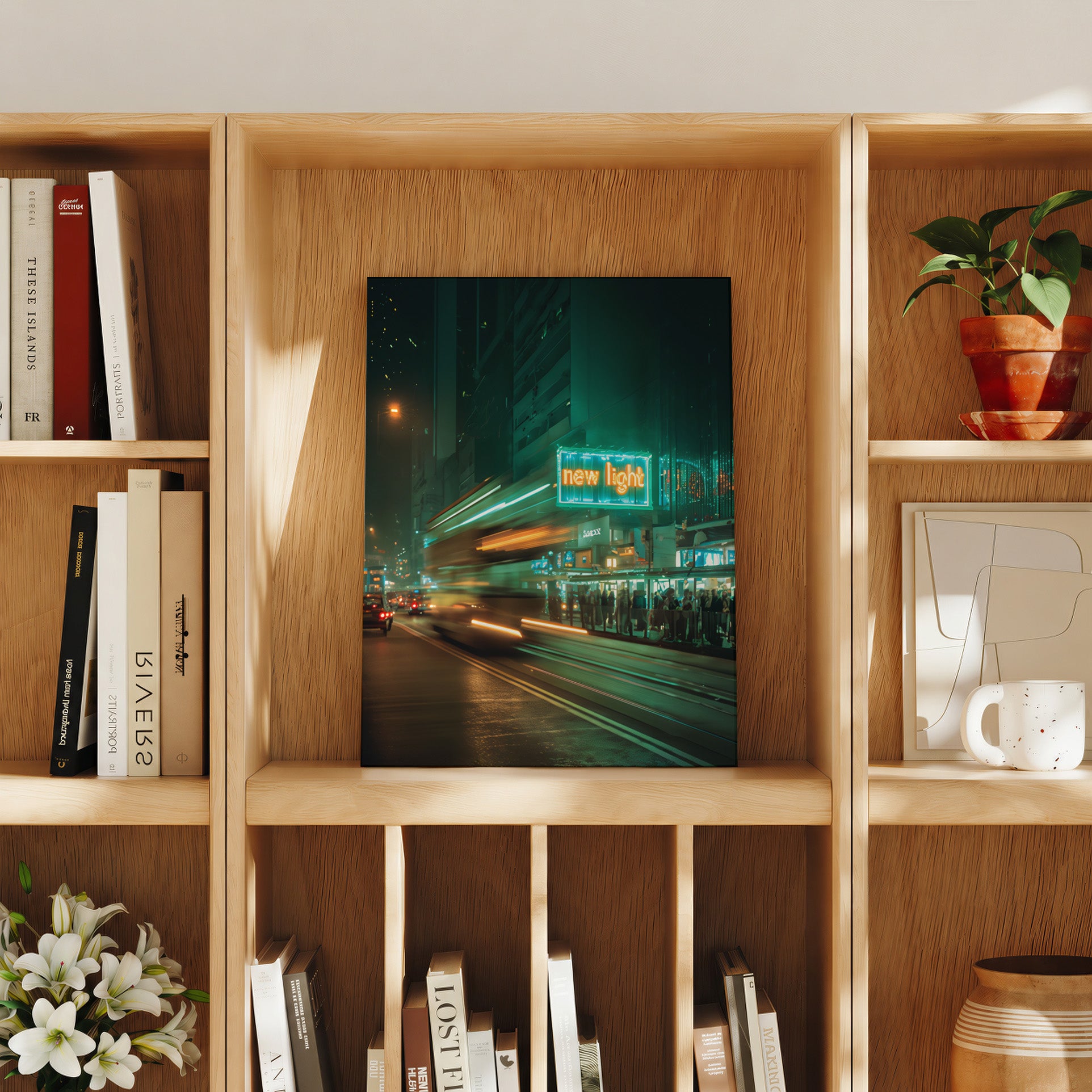Des Voeux Road Sheung Wan Hong Kong Tram Neon travel art print product preview by Seji Art