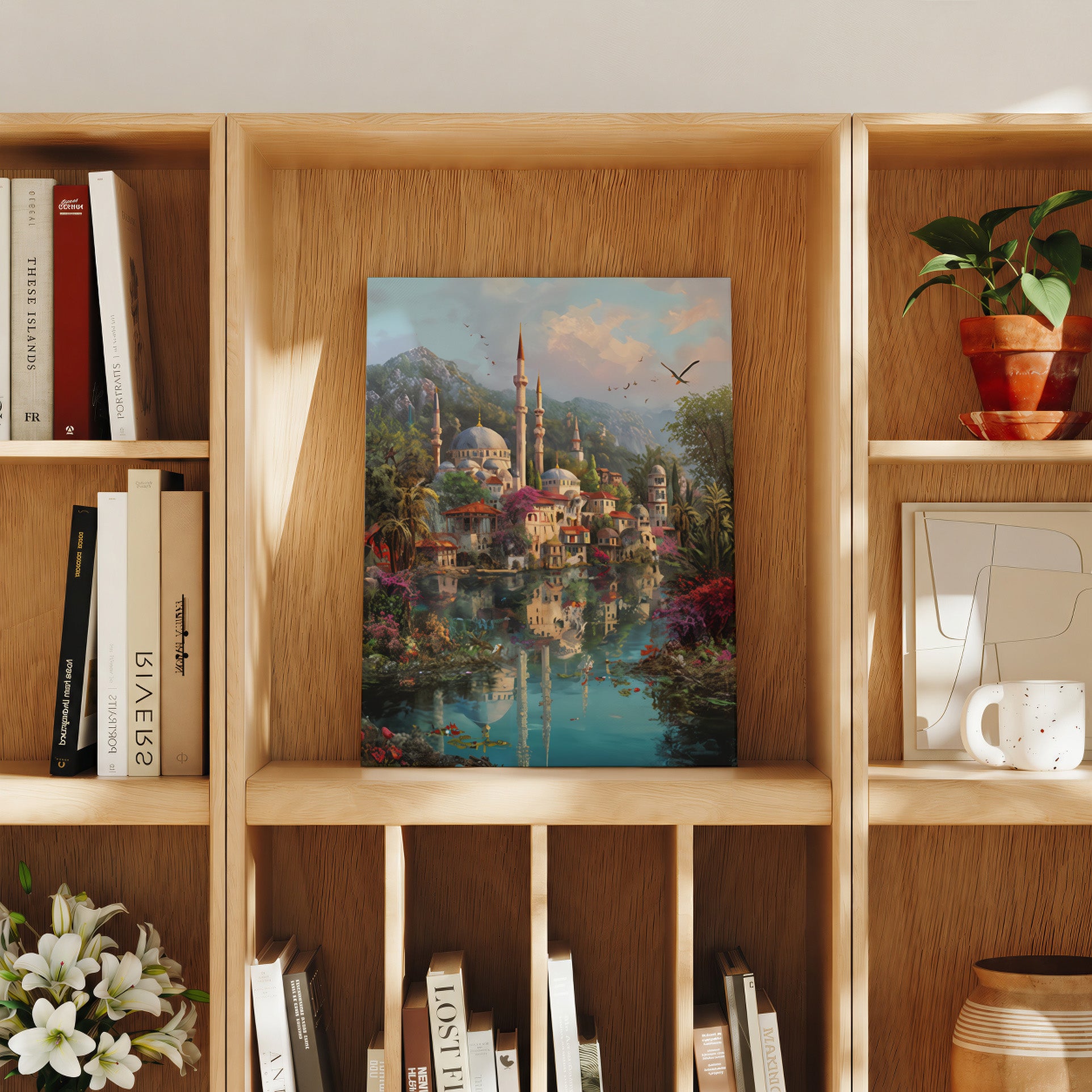 Bodrum Turkish Coastal Minaret Bird travel art print product preview by Seji Art