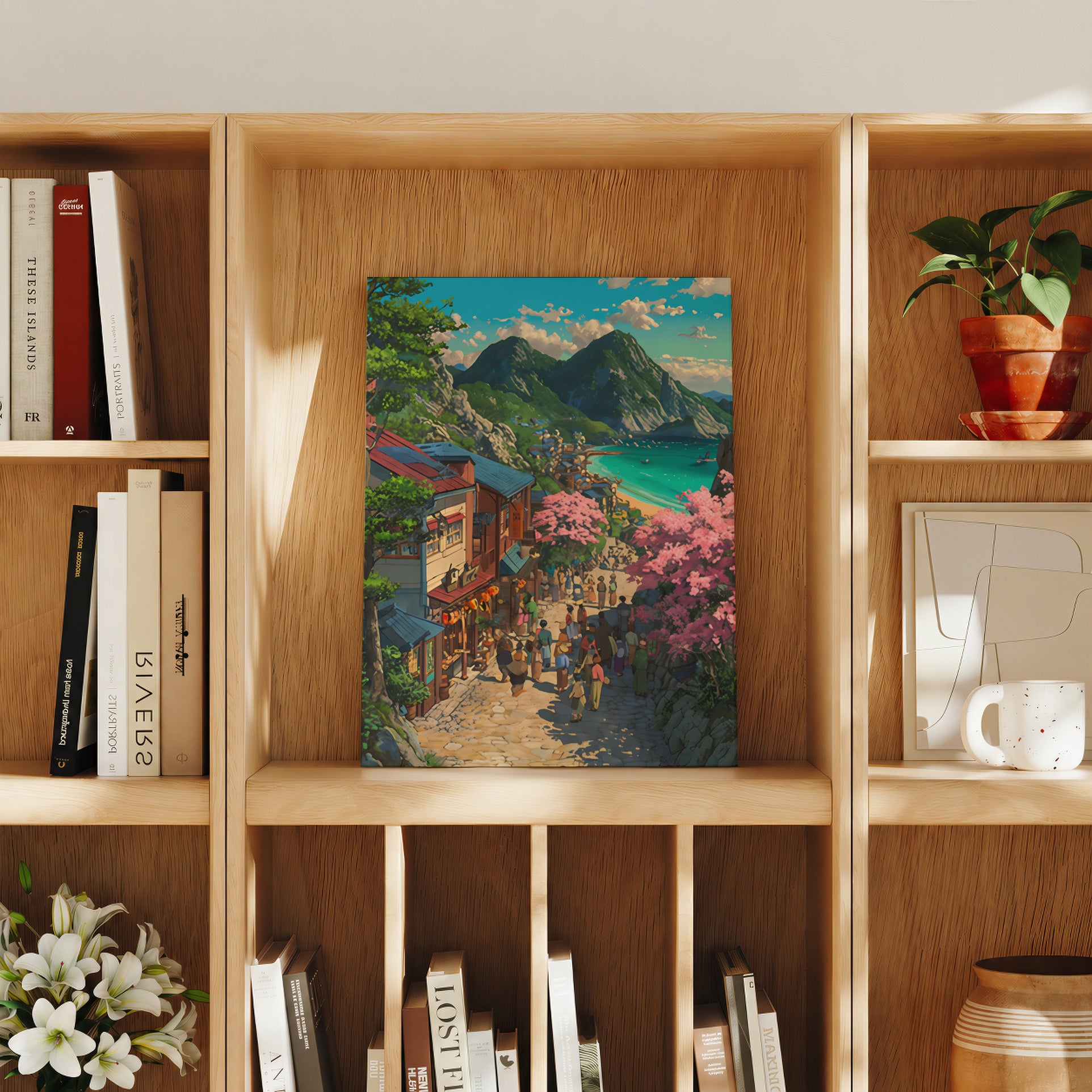 Kamakura Cherry Blossom Sea Village travel art print product preview by Seji Art