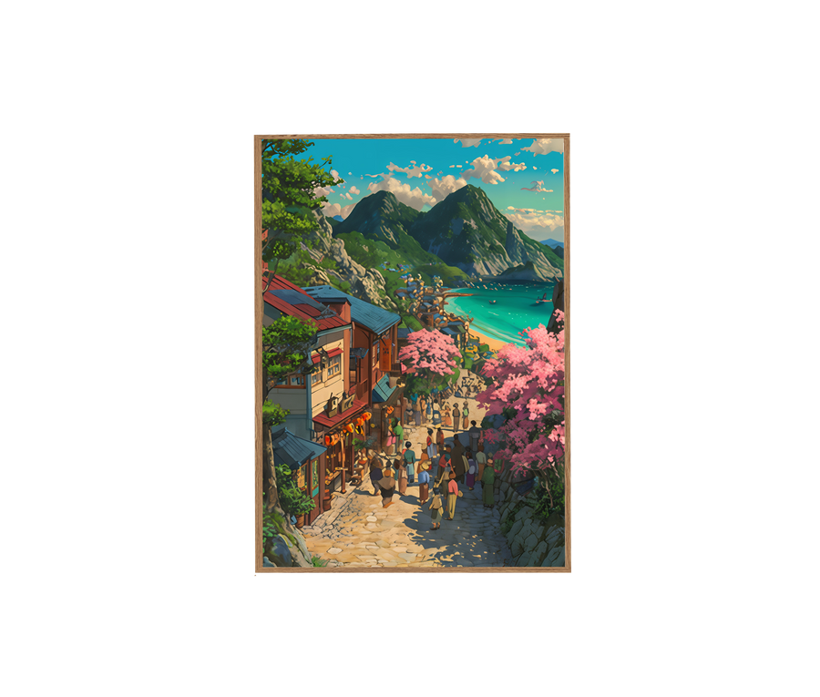 Kamakura Cherry Blossom Sea Village wall art print by Seji Art
