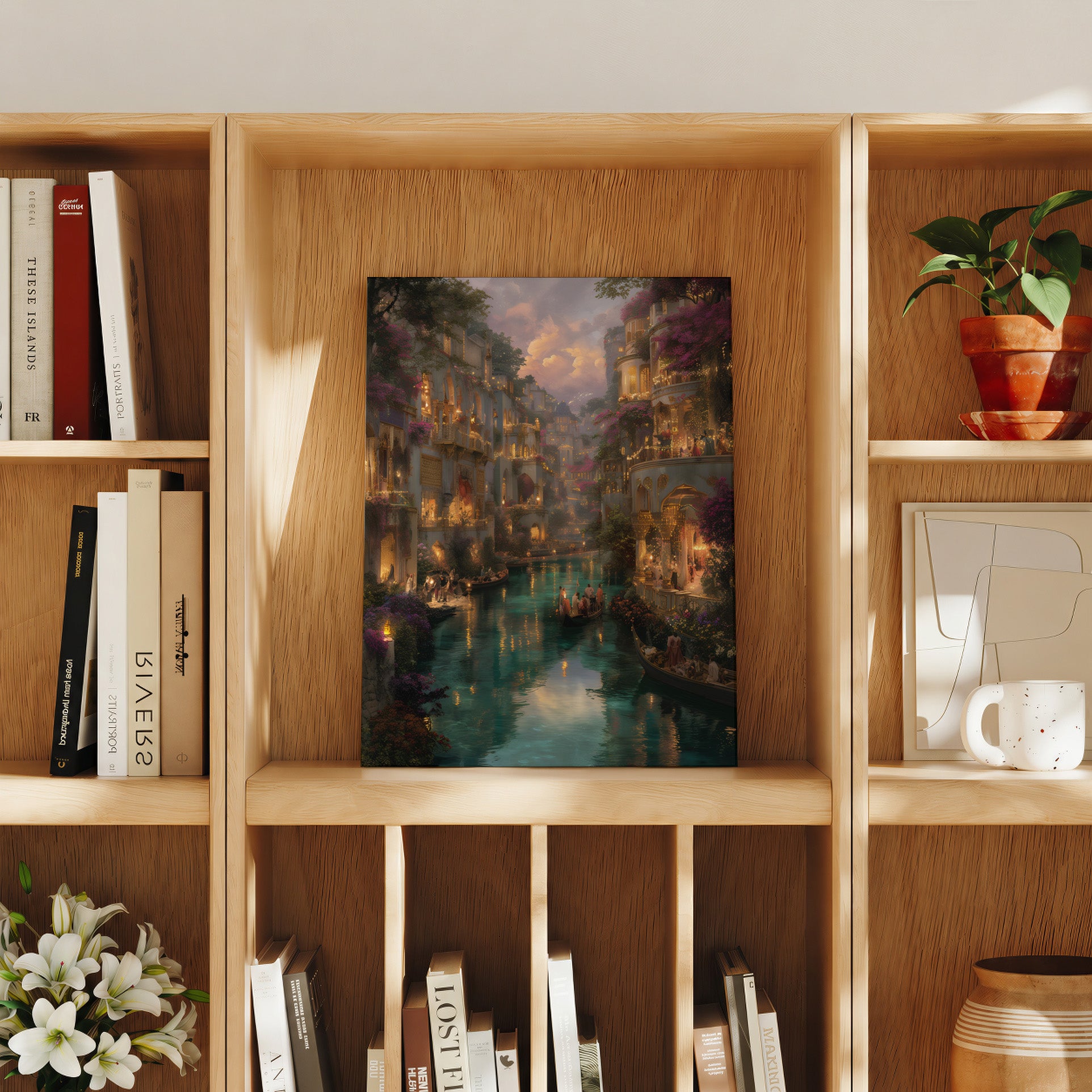 Cannaregio Venice Canal Bougainvillea Twilight travel art print product preview by Seji Art