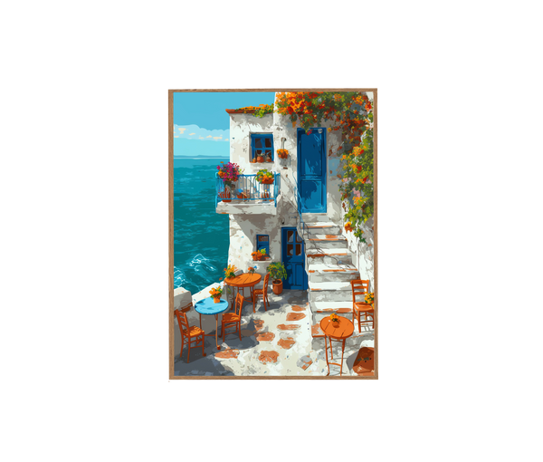 Symi Greek Island Blue Door Cafe wall art print by Seji Art
