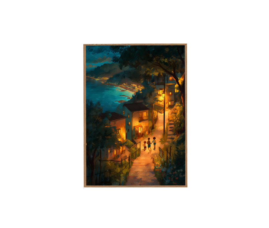 Cefalu Sicily Coastal Village Night Art