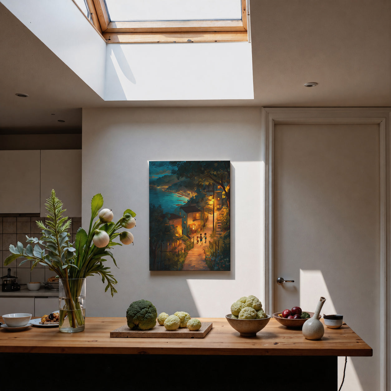 Cefalu Sicily Coastal Village Night framed wall art print room mockup by Seji Art