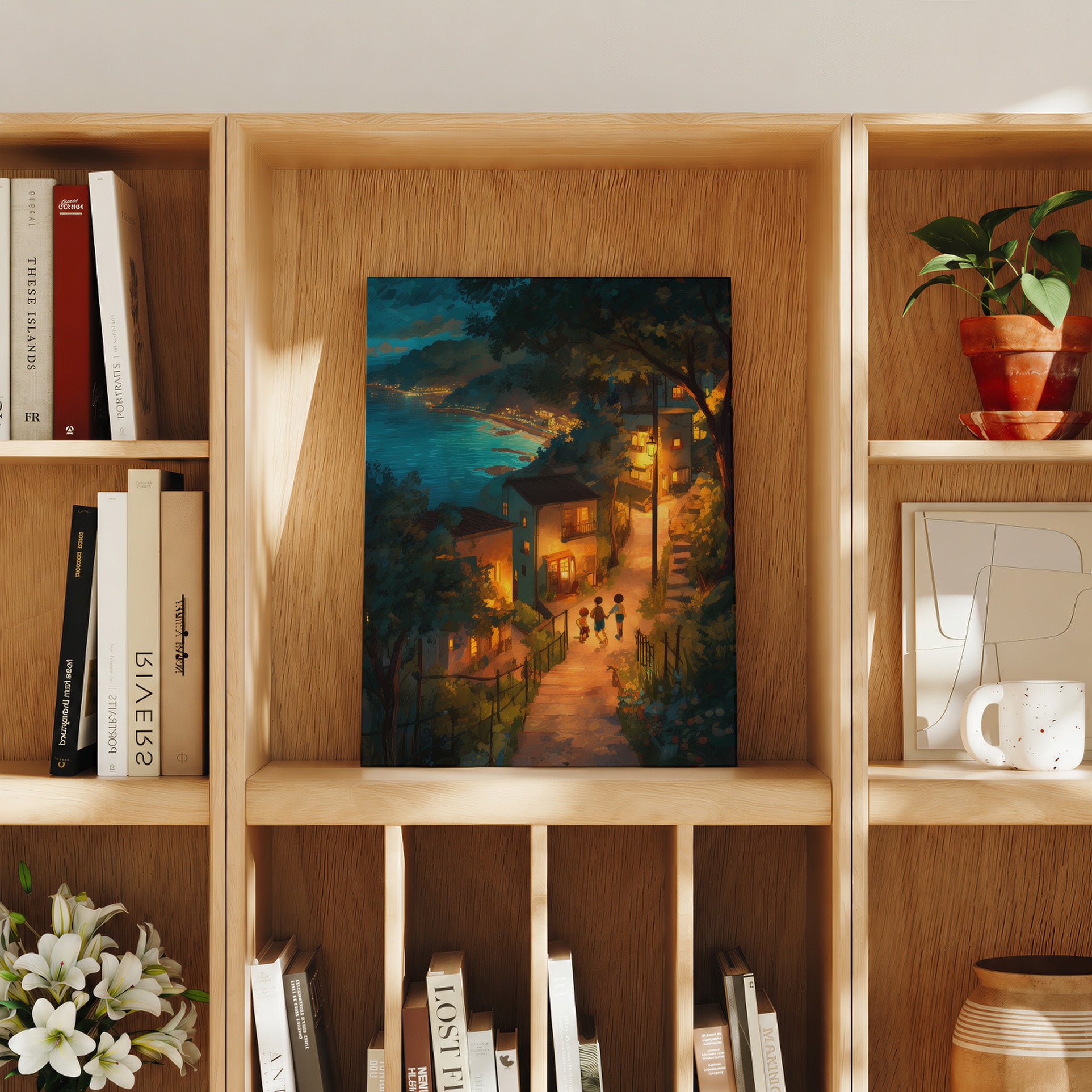 Cefalu Sicily Coastal Village Night gallery wall decor mockup by Seji Art