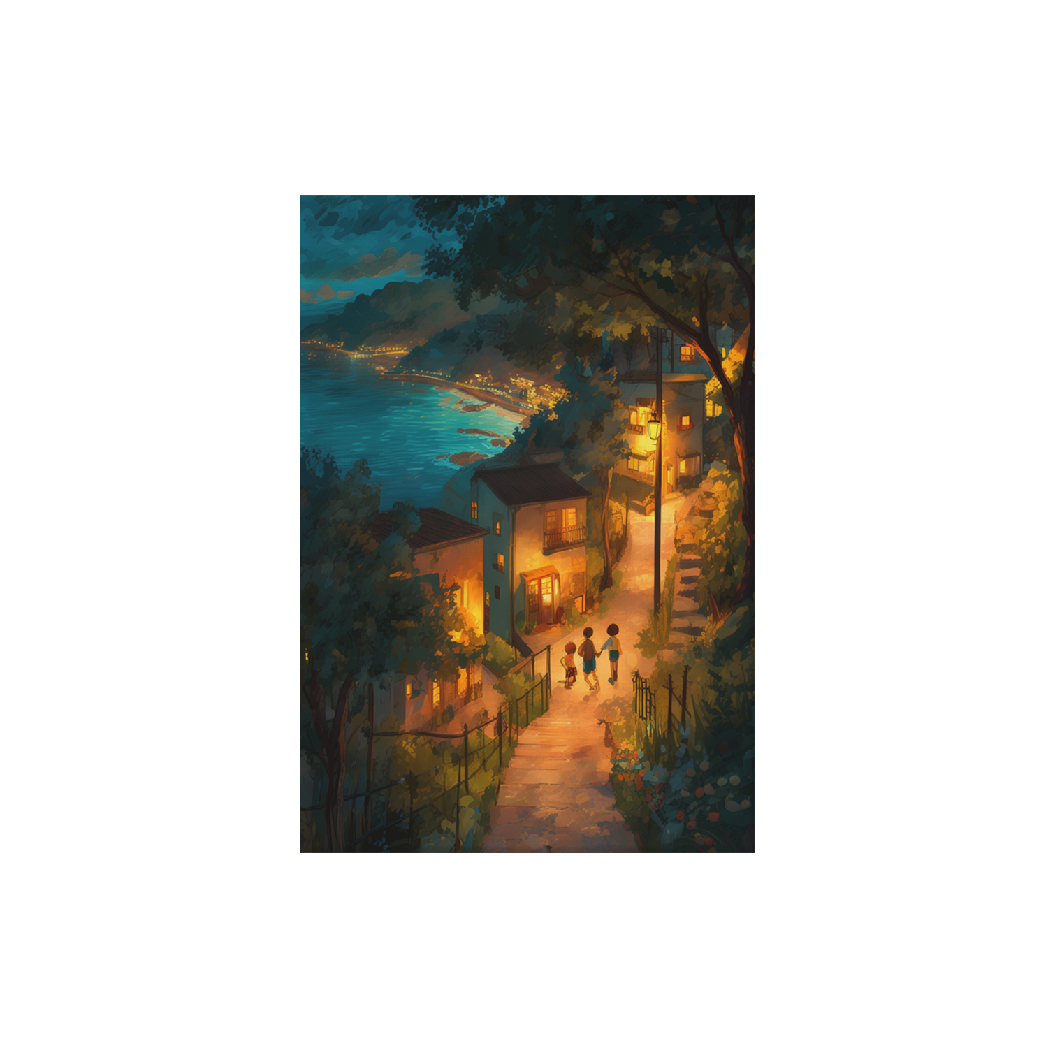 Cefalu Sicily Coastal Village Night poster print preview by Seji Art