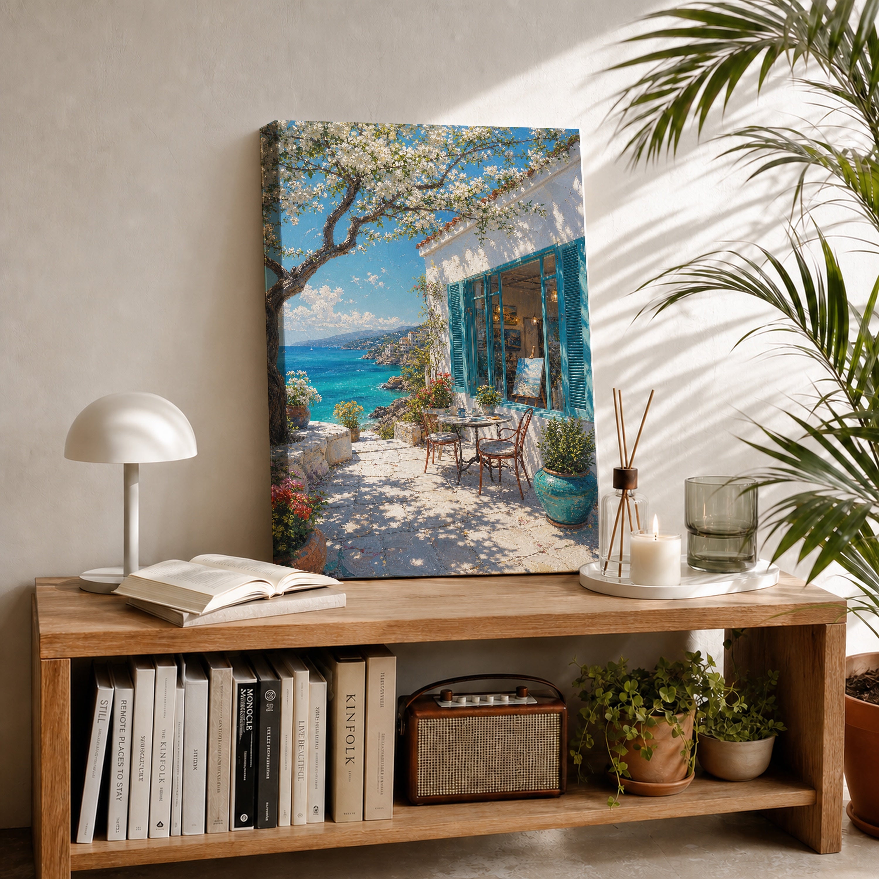 Aegean Blue Door Sea Patio canvas room mockup by Seji Art