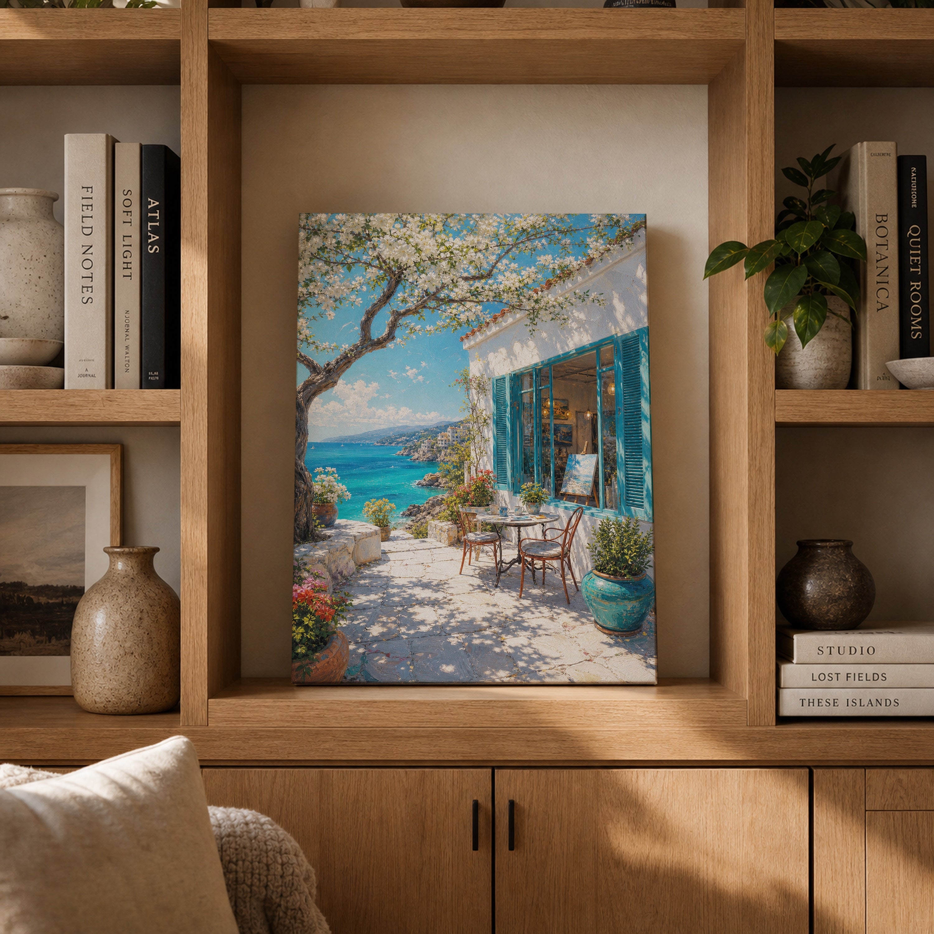 Aegean Blue Door Sea Patio canvas gallery shelf mockup by Seji Art