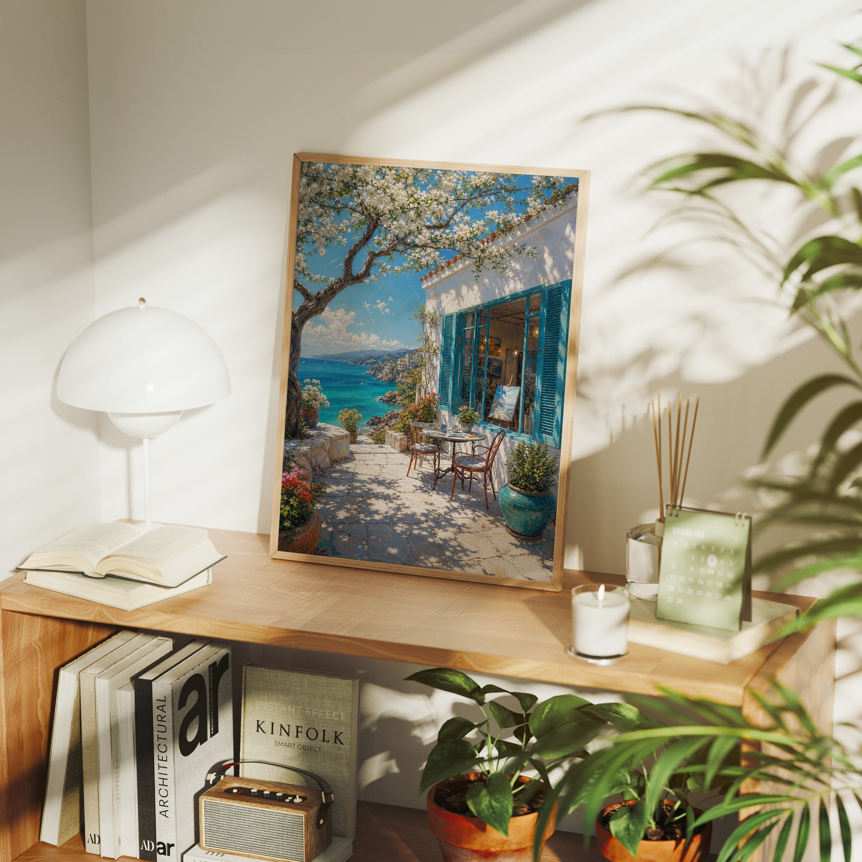 Aegean Blue Door Sea Patio poster framed room mockup by Seji Art