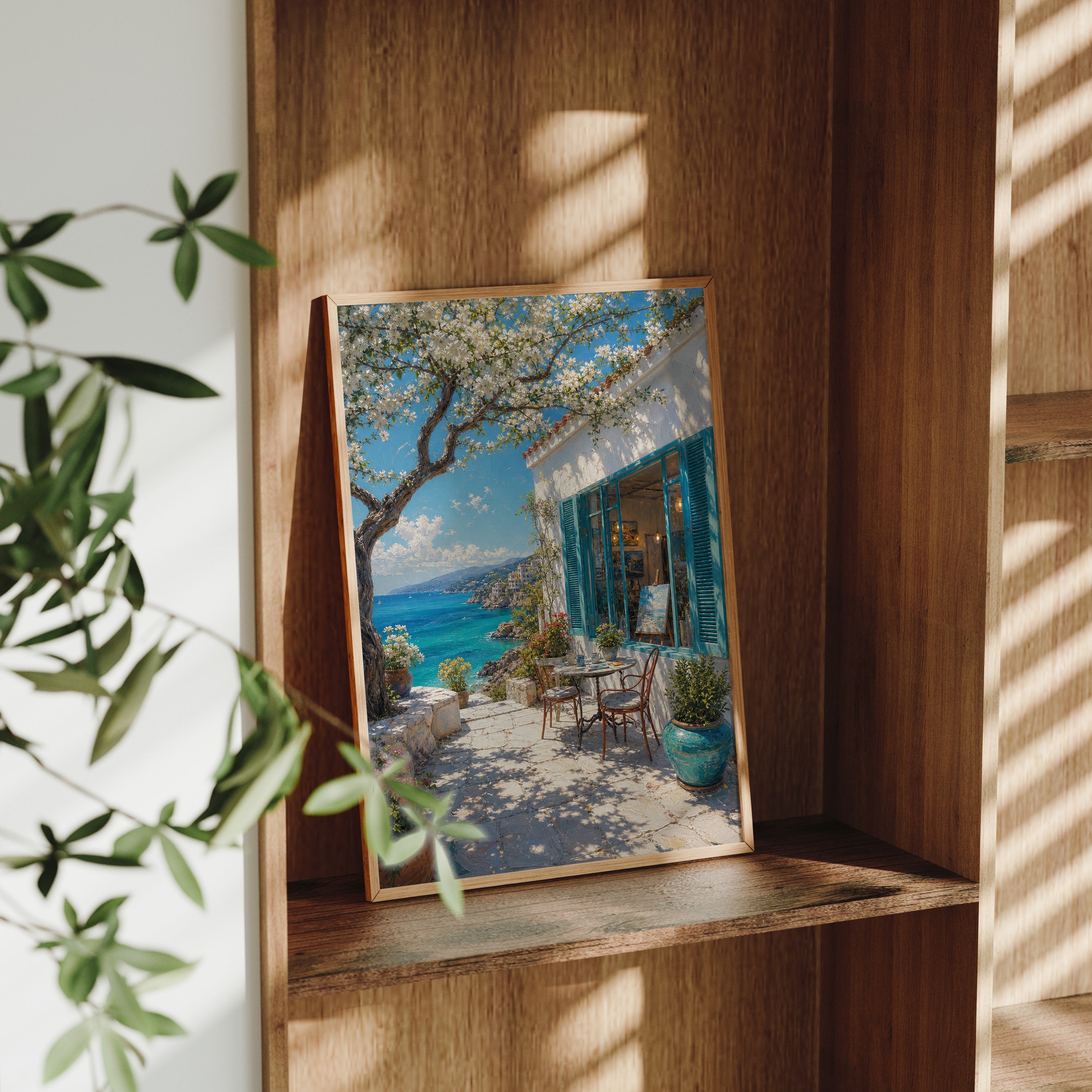 Aegean Blue Door Sea Patio poster gallery shelf mockup by Seji Art