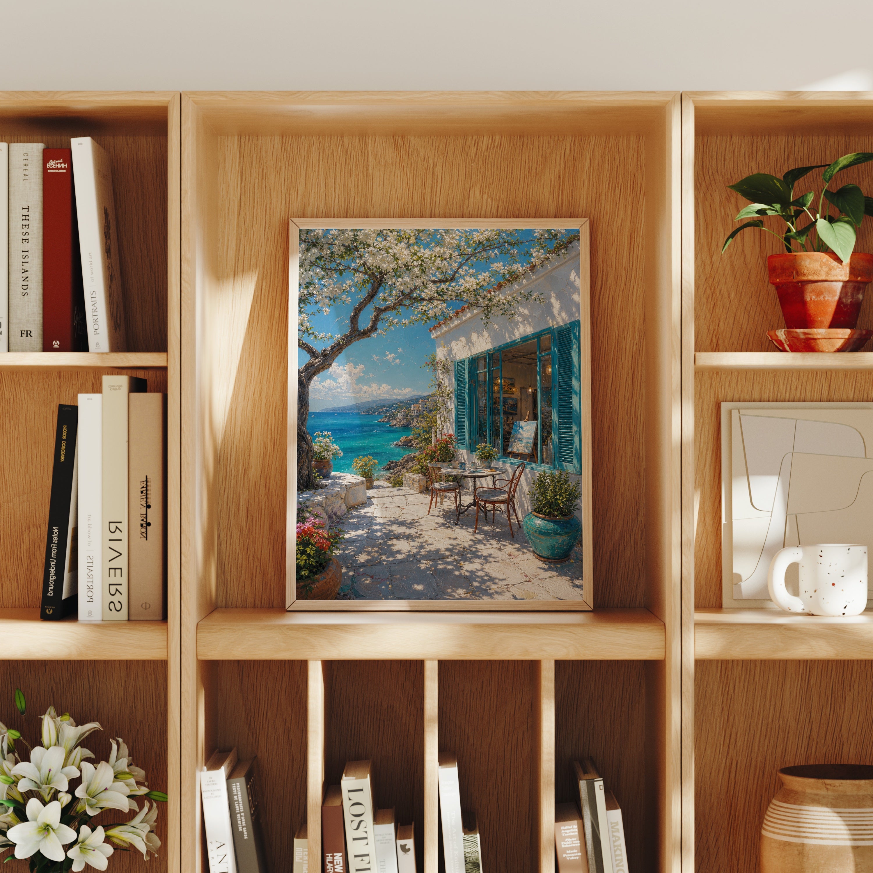 Aegean Blue Door Sea Patio poster home decor mockup by Seji Art