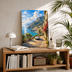 Amalfi Azure Skies Coastal Drive canvas room mockup 2 by Seji Art