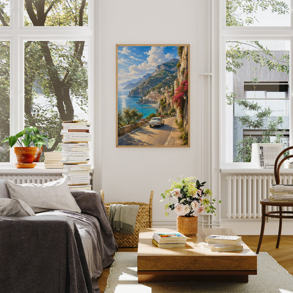 Amalfi Azure Skies Coastal Drive poster room mockup 5 by Seji Art