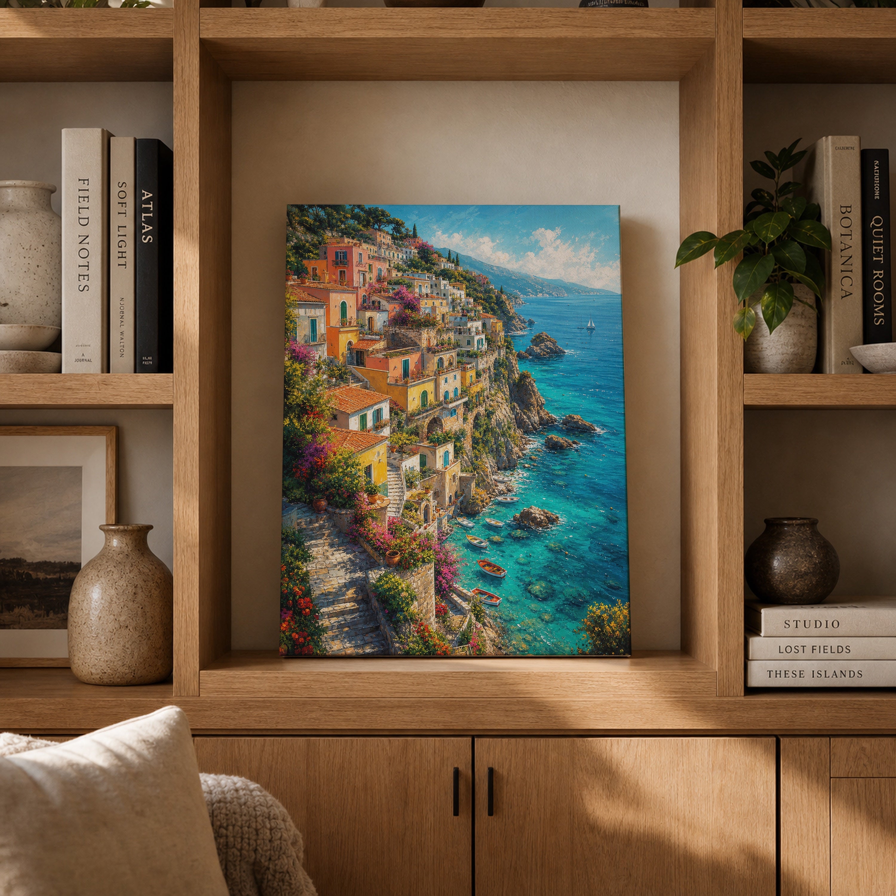 Amalfi Cliffside Village canvas gallery shelf mockup by Seji Art