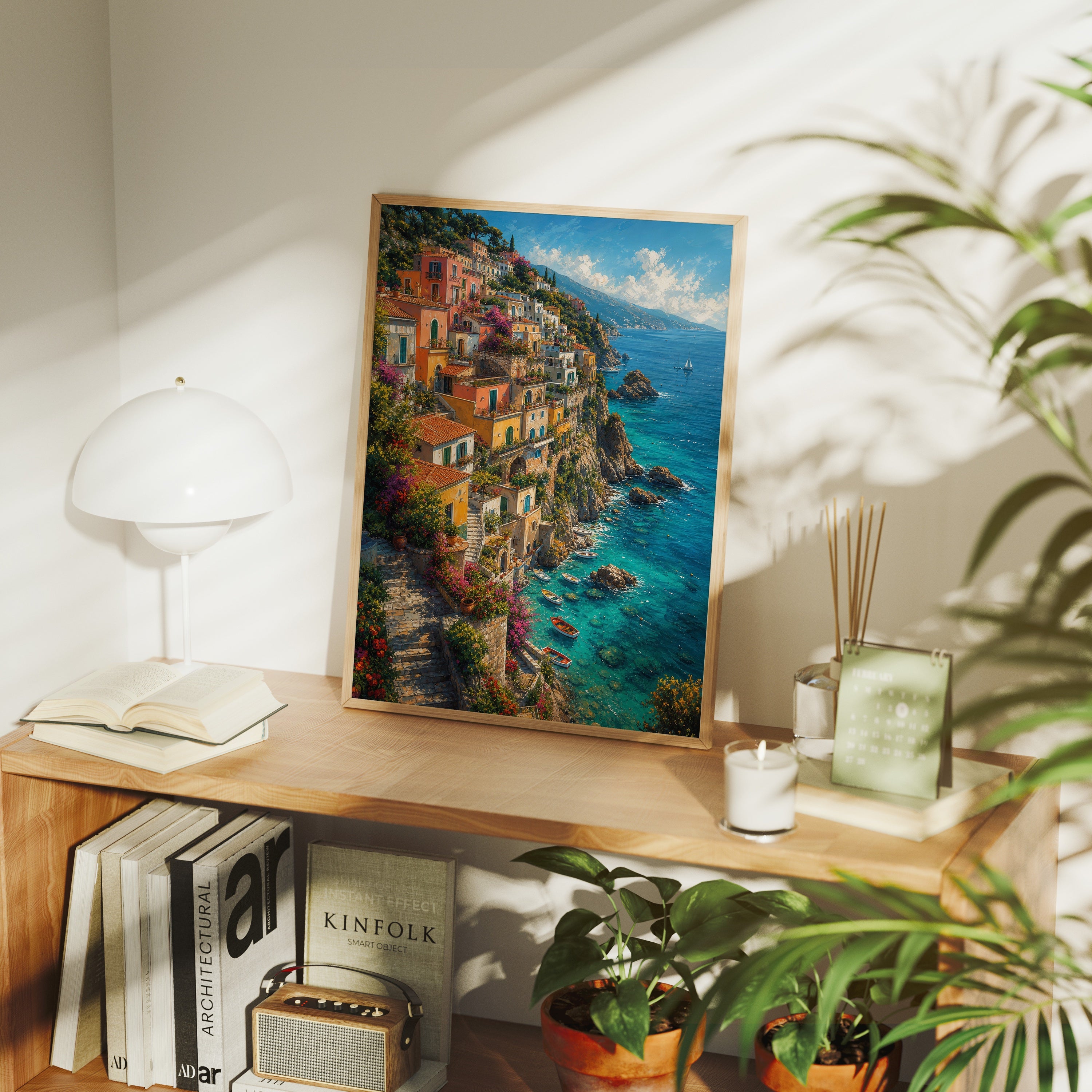 Amalfi Cliffside Village poster framed room mockup by Seji Art