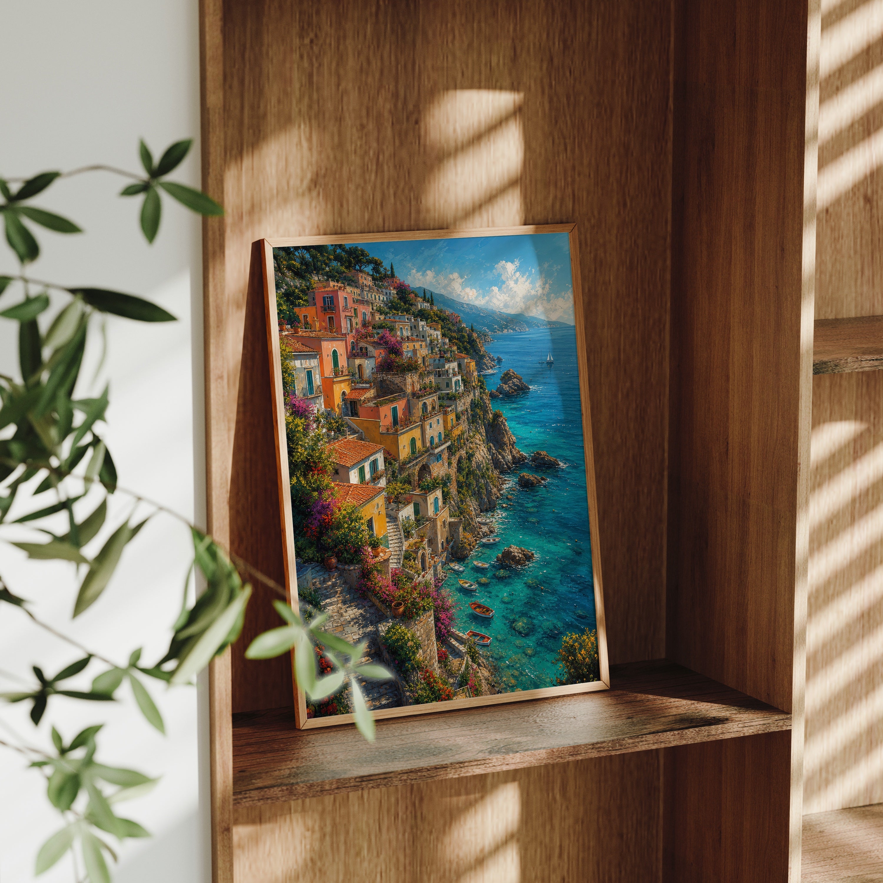Amalfi Cliffside Village poster gallery shelf mockup by Seji Art