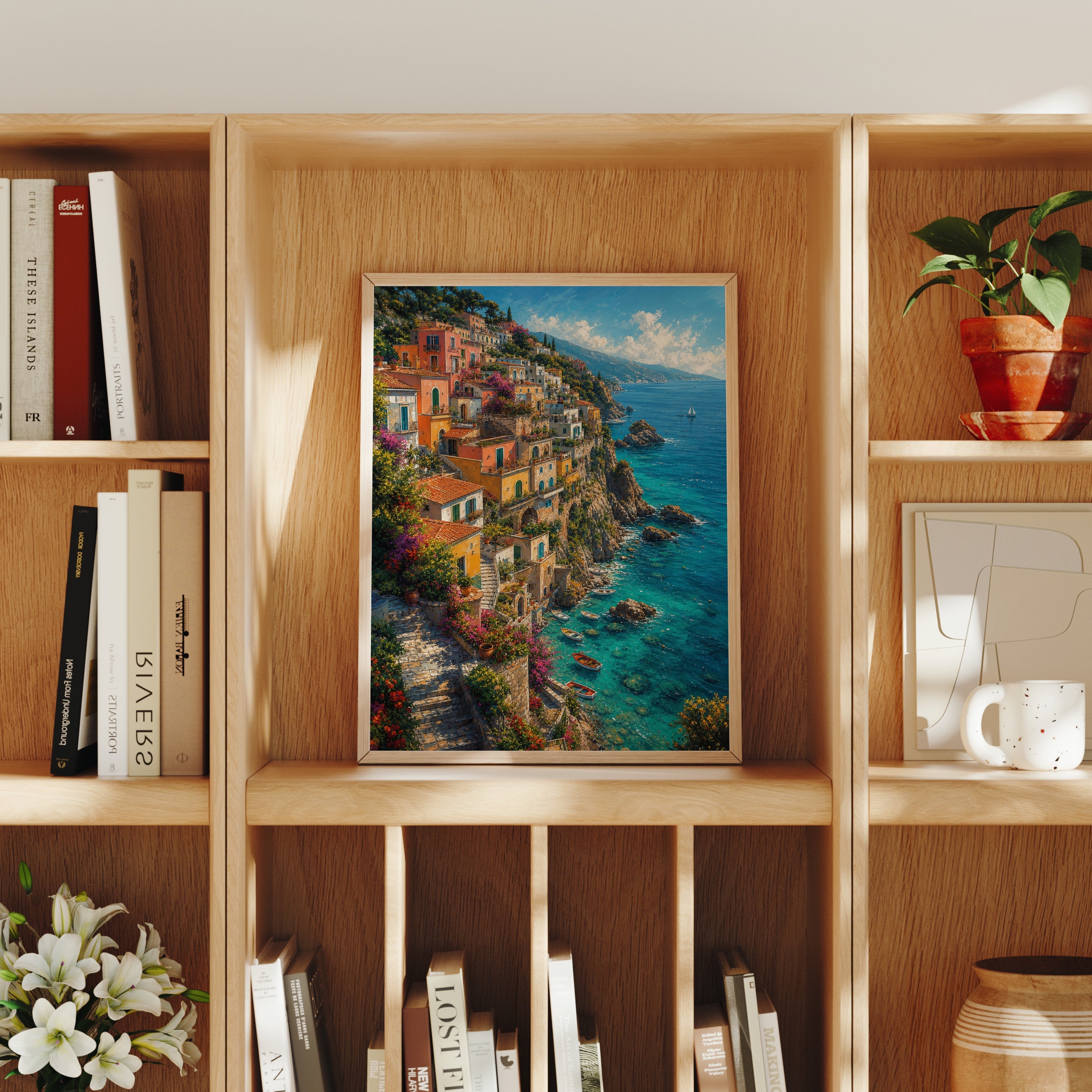 Amalfi Cliffside Village poster home decor mockup by Seji Art