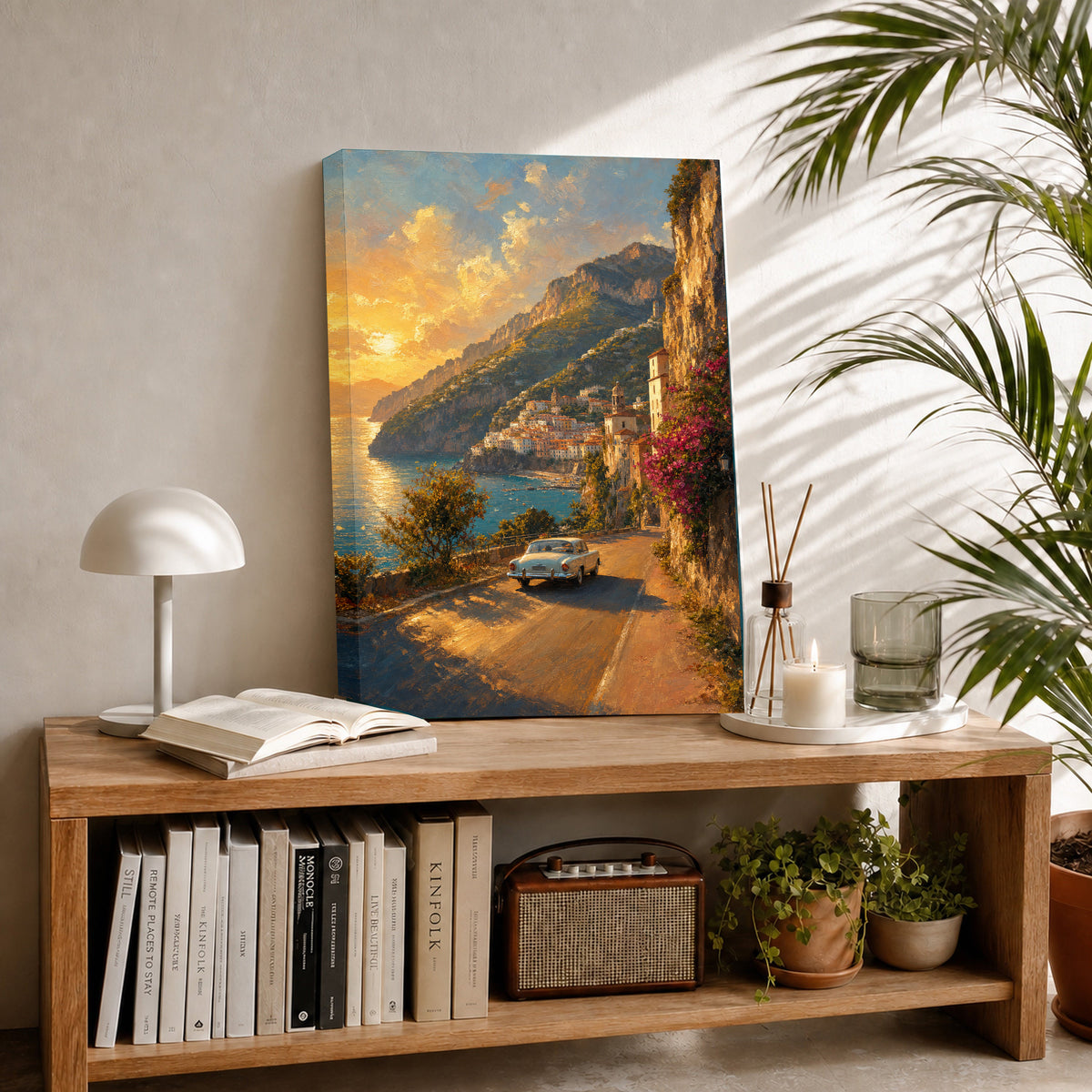 Amalfi Golden Hour Coastal Drive canvas room mockup 2 by Seji Art