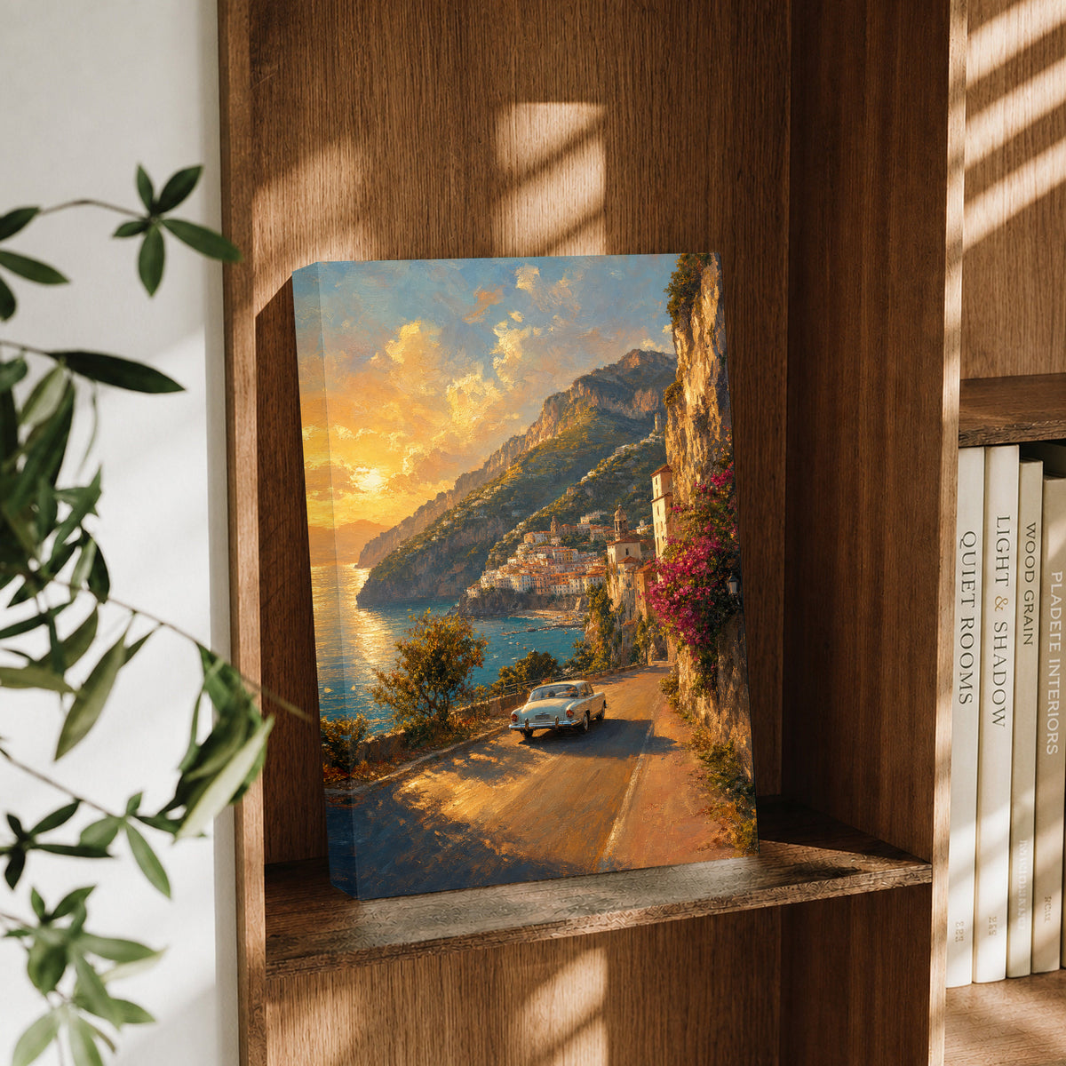 Amalfi Golden Hour Coastal Drive canvas room mockup 3 by Seji Art
