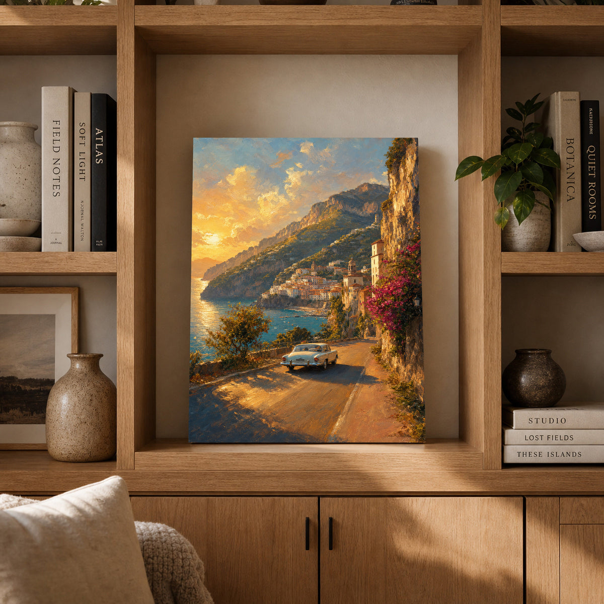 Amalfi Golden Hour Coastal Drive canvas room mockup 4 by Seji Art