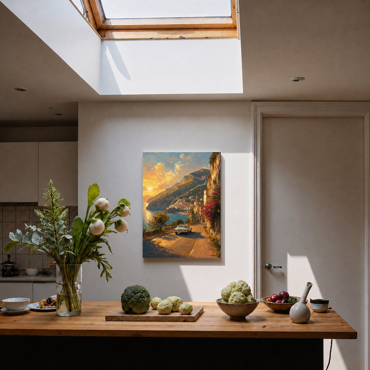 Amalfi Golden Hour Coastal Drive canvas room mockup 5 by Seji Art