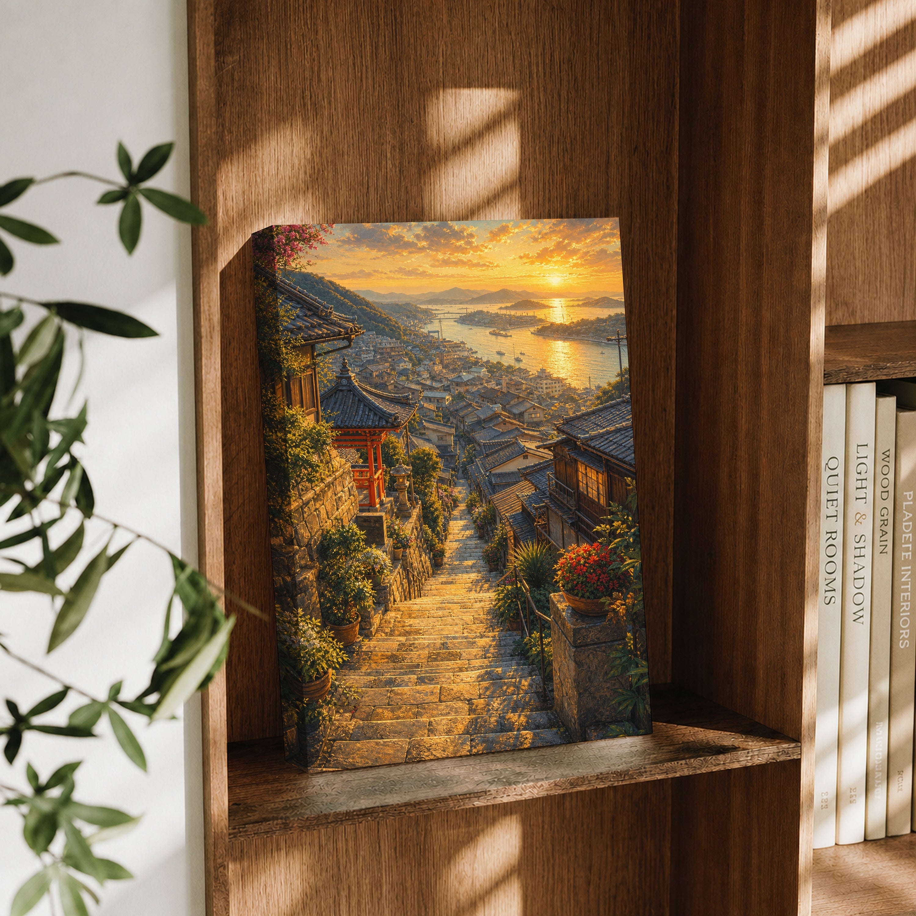 Amalfi Sunset Stairway canvas wall art decor mockup by Seji Art