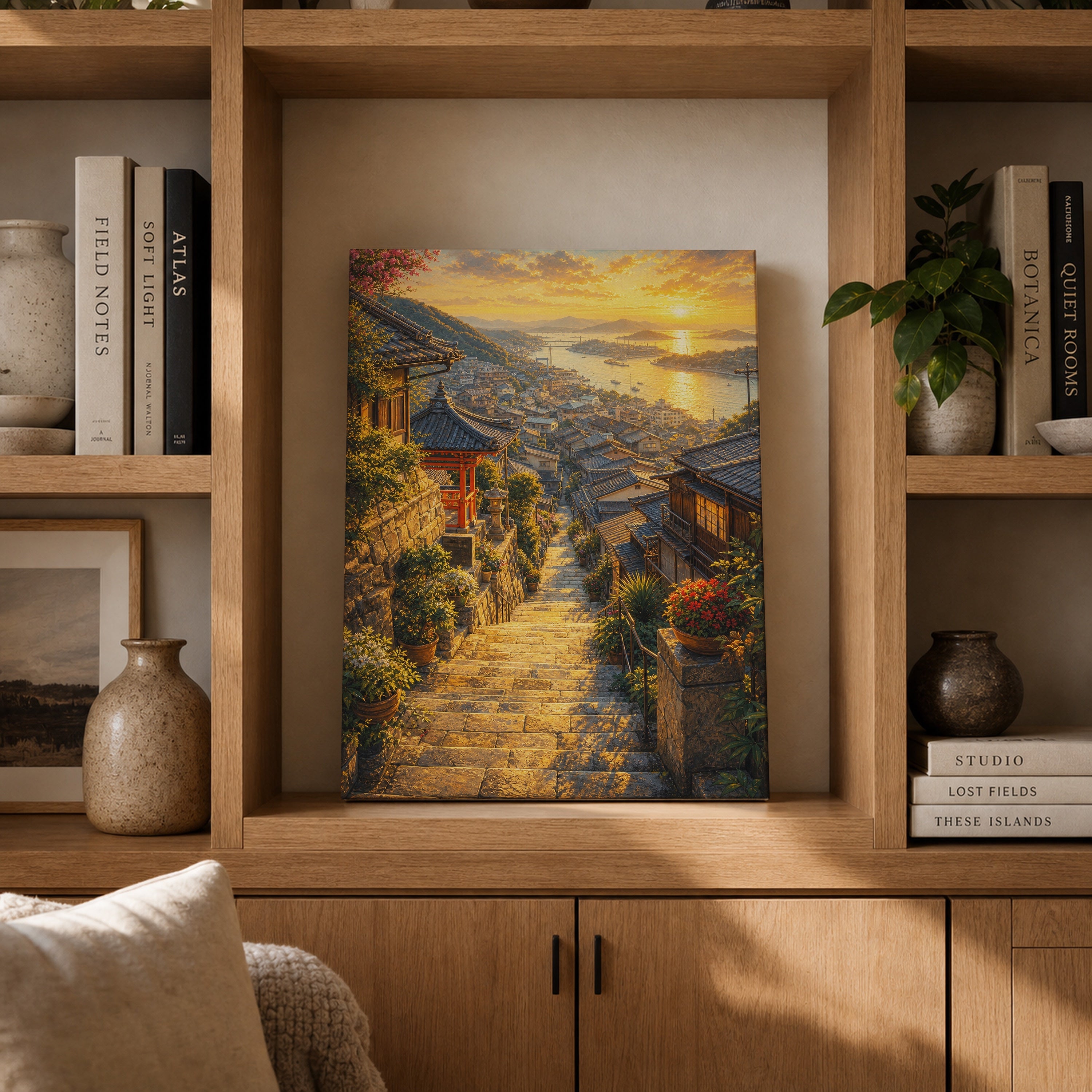 Amalfi Sunset Stairway canvas gallery shelf mockup by Seji Art