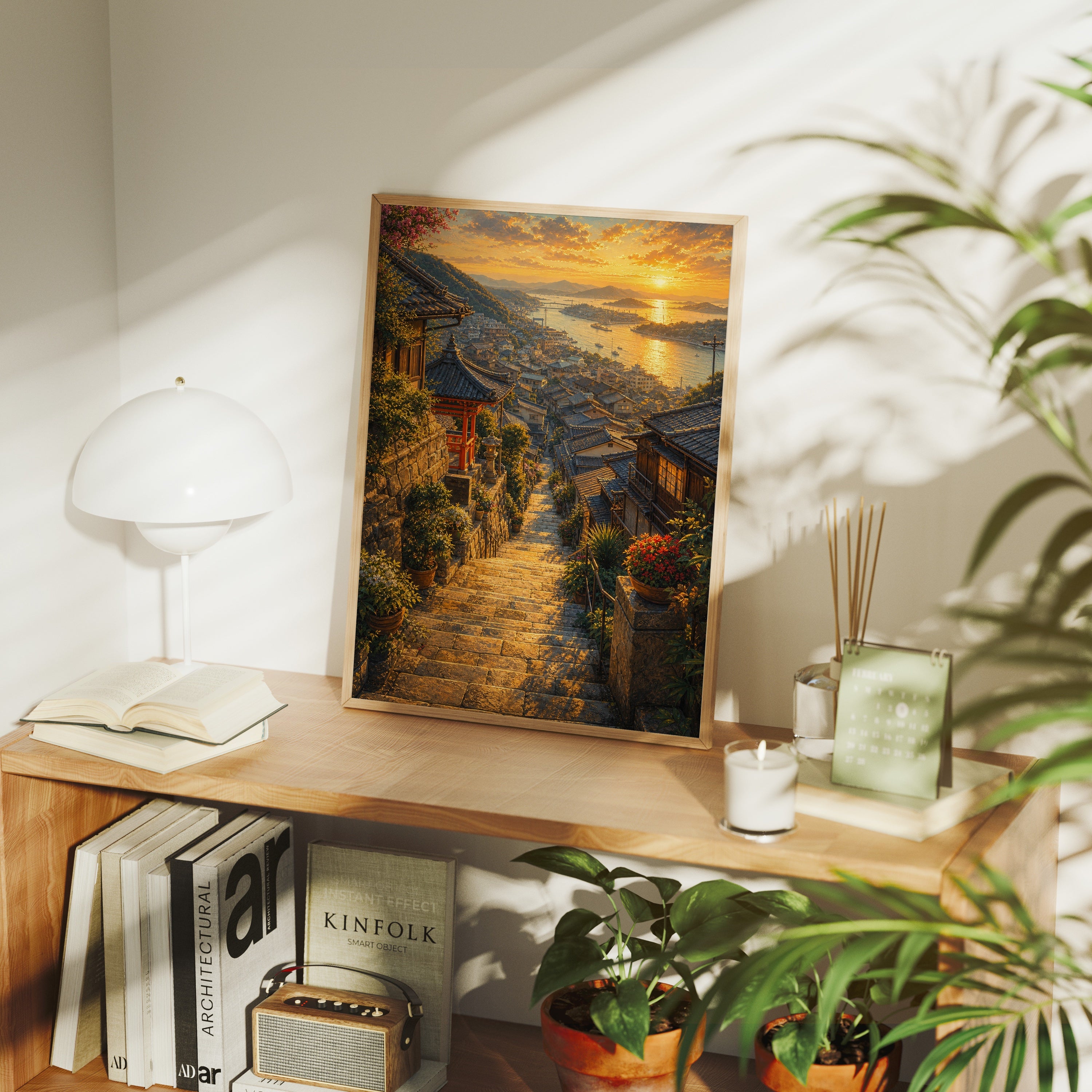 Amalfi Sunset Stairway poster framed room mockup by Seji Art