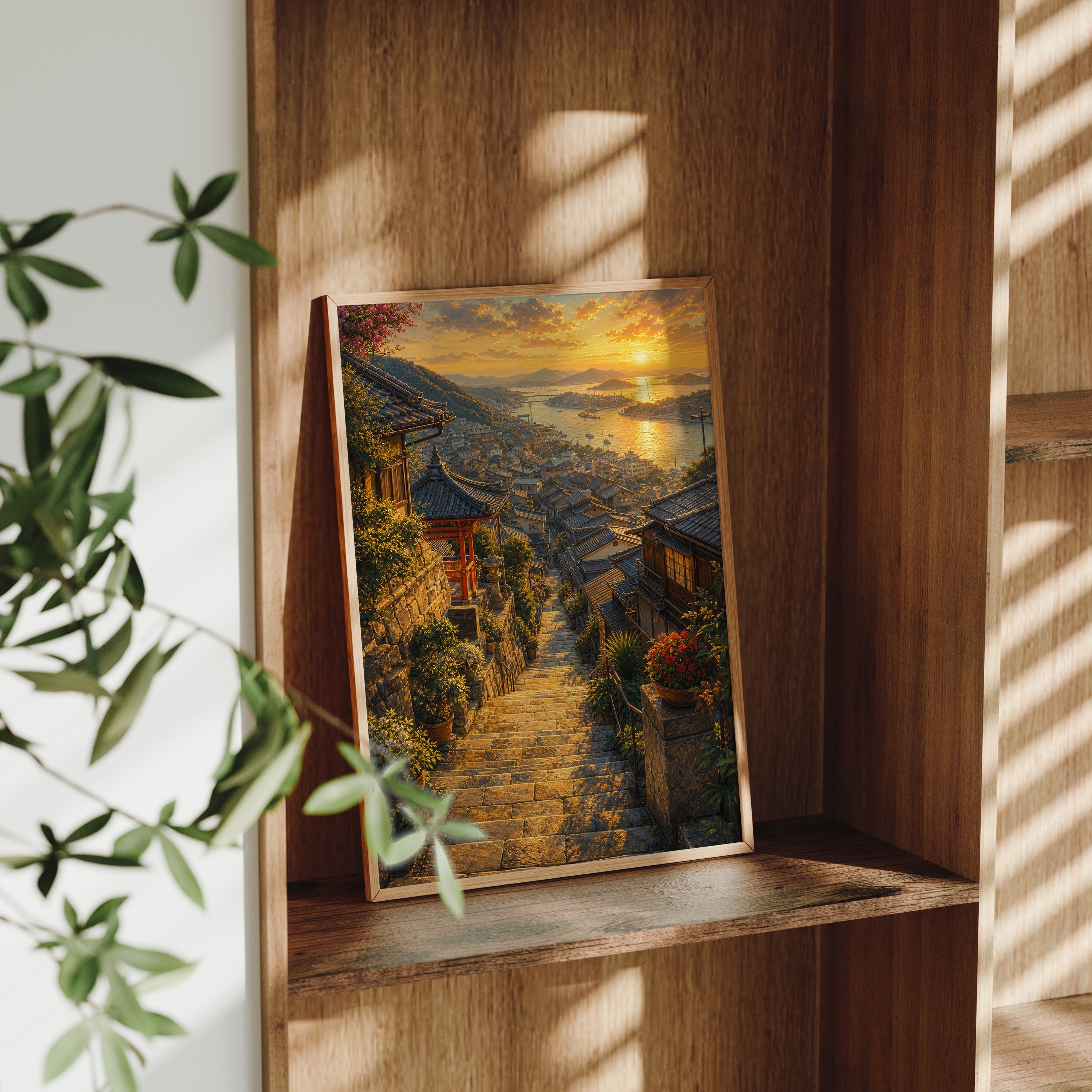 Amalfi Sunset Stairway poster gallery shelf mockup by Seji Art