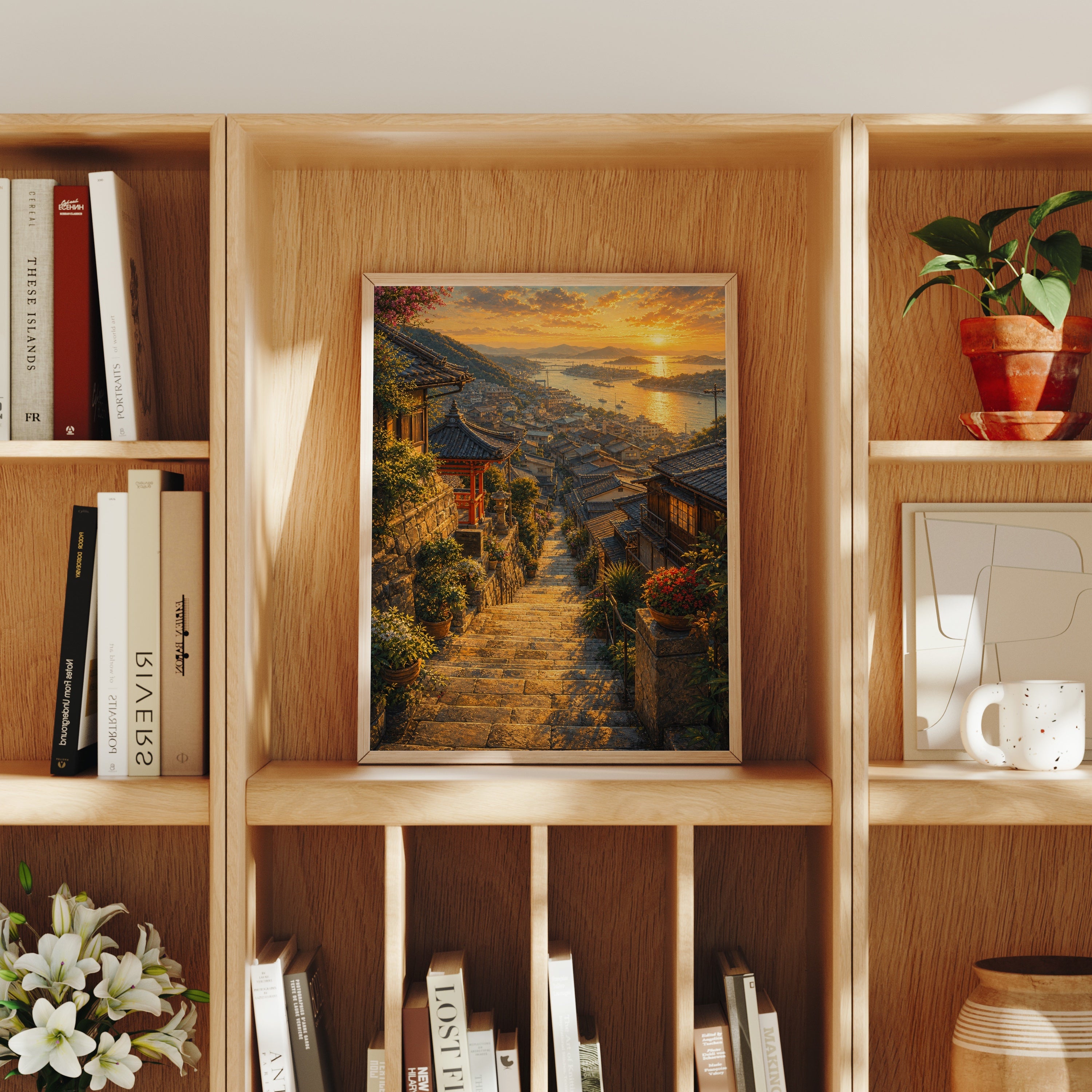 Amalfi Sunset Stairway poster home decor mockup by Seji Art