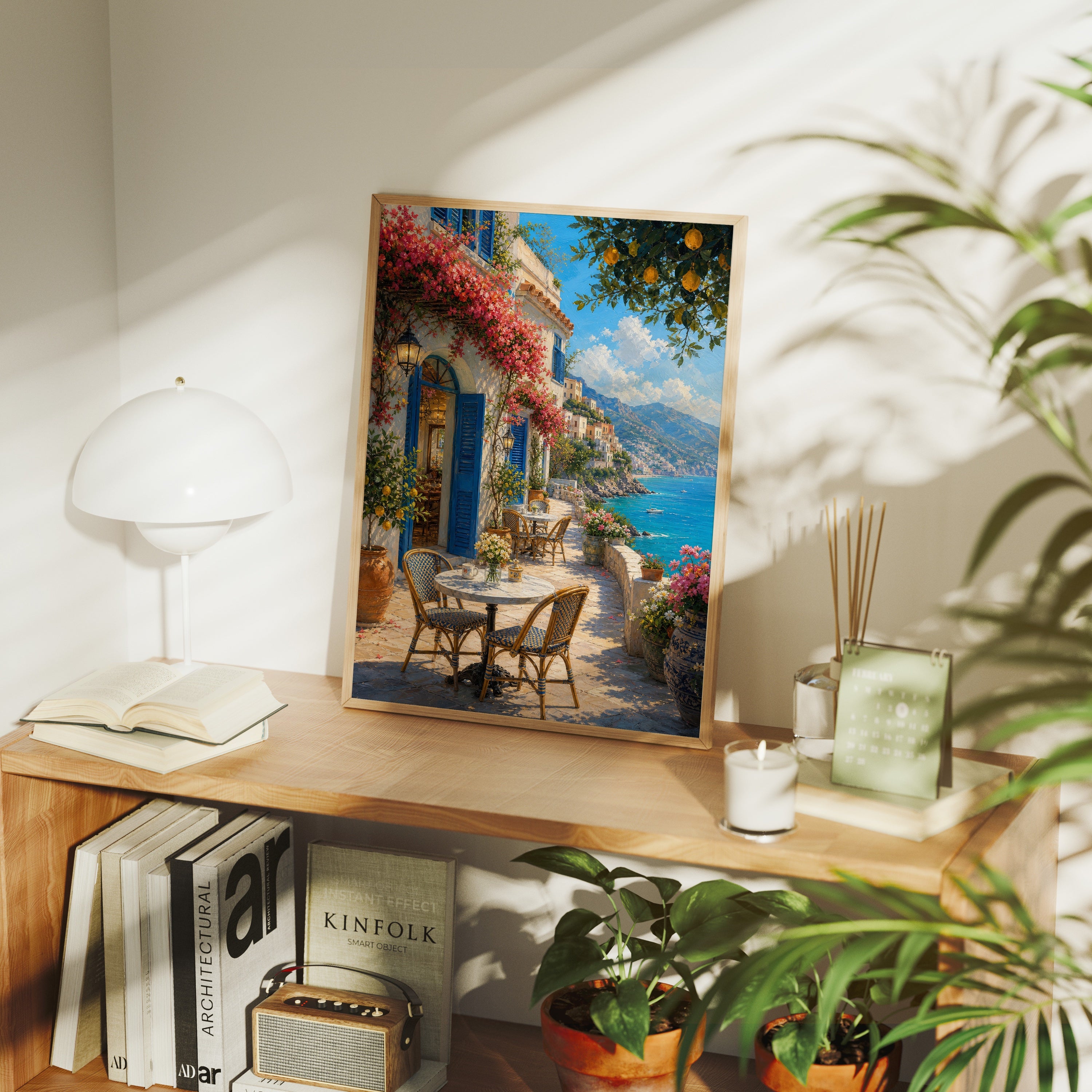 Amalfi Terrace Cafe poster framed room mockup by Seji Art
