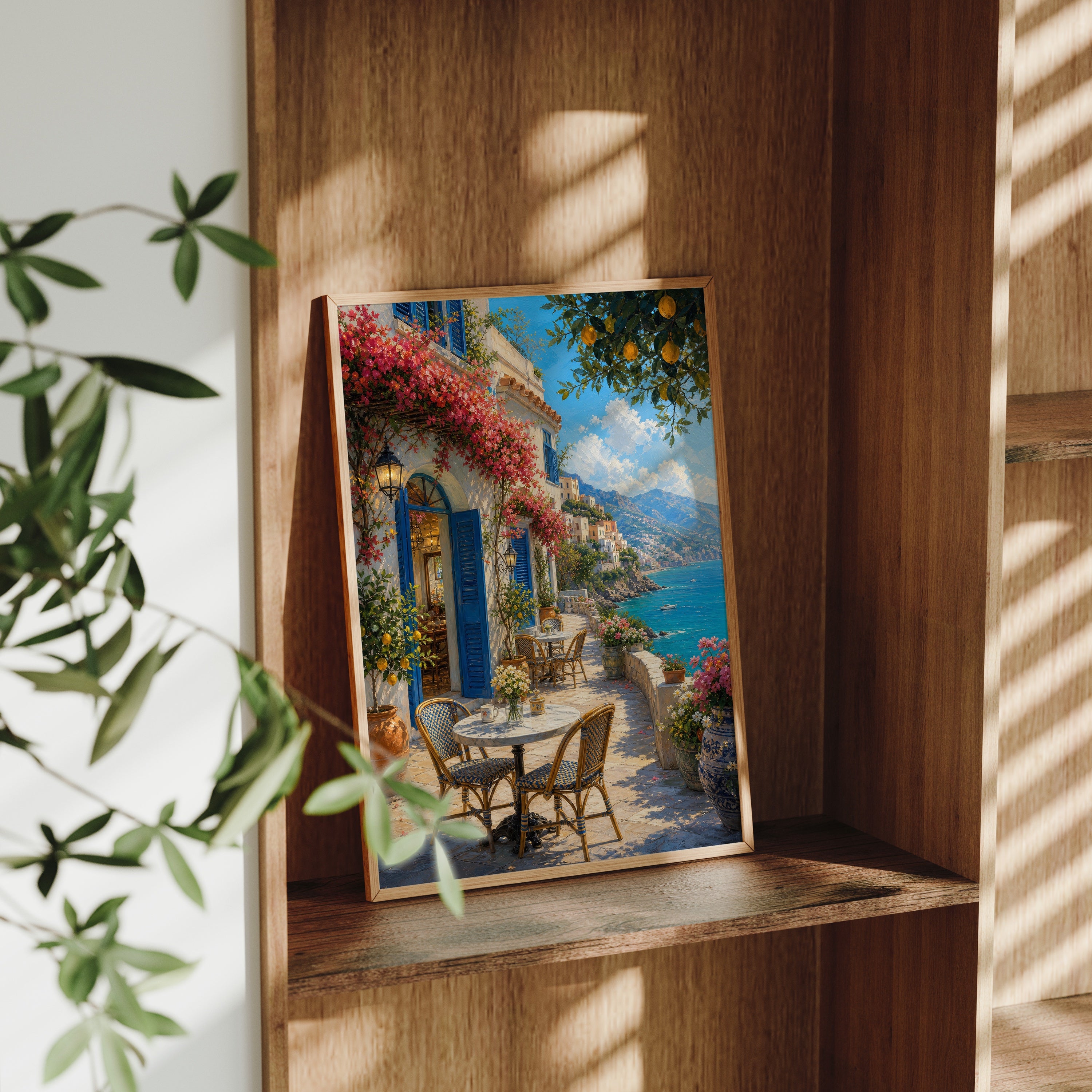 Amalfi Terrace Cafe poster gallery shelf mockup by Seji Art