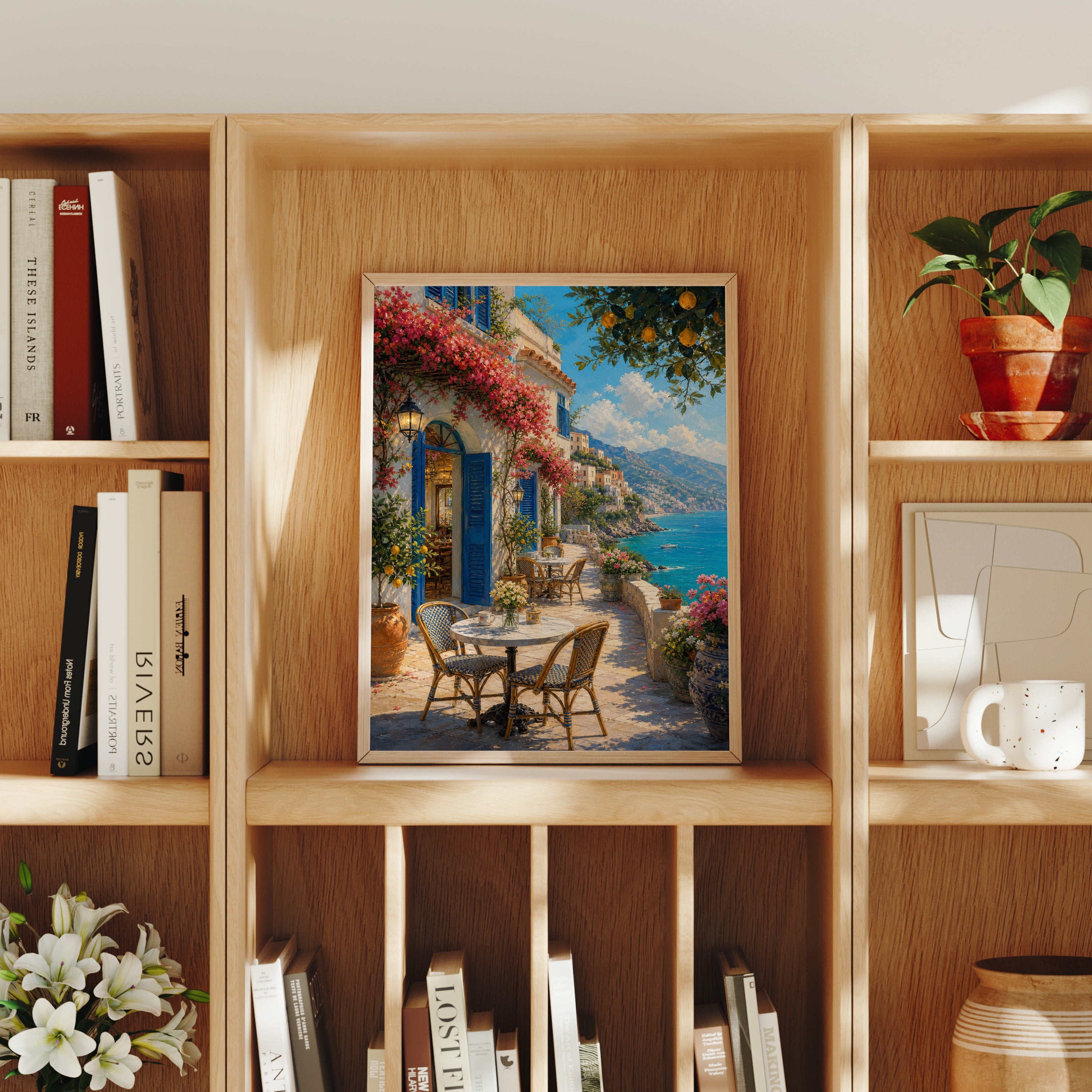 Amalfi Terrace Cafe poster home decor mockup by Seji Art